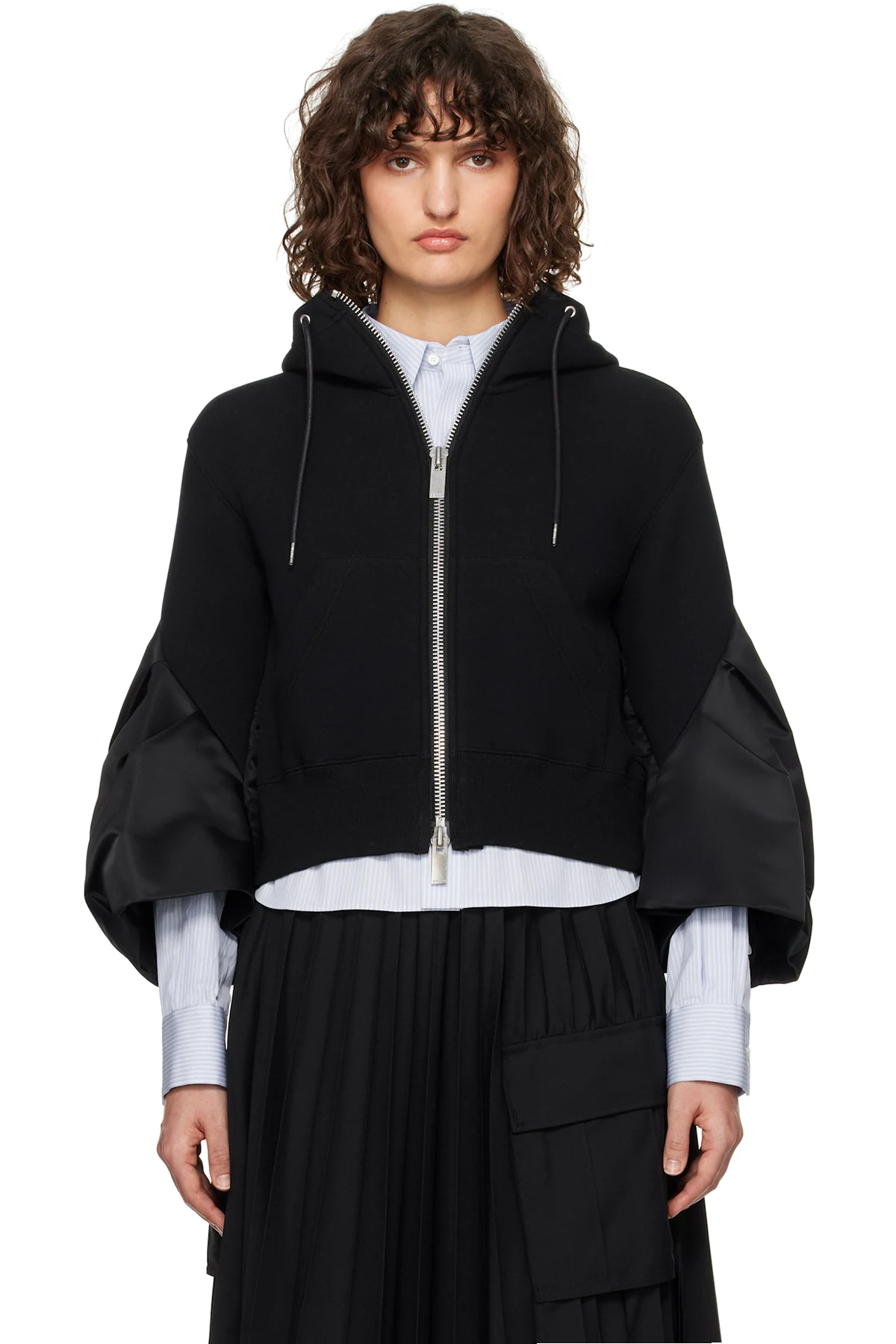Black Sponge Sweat & Nylon Twill Hoodie