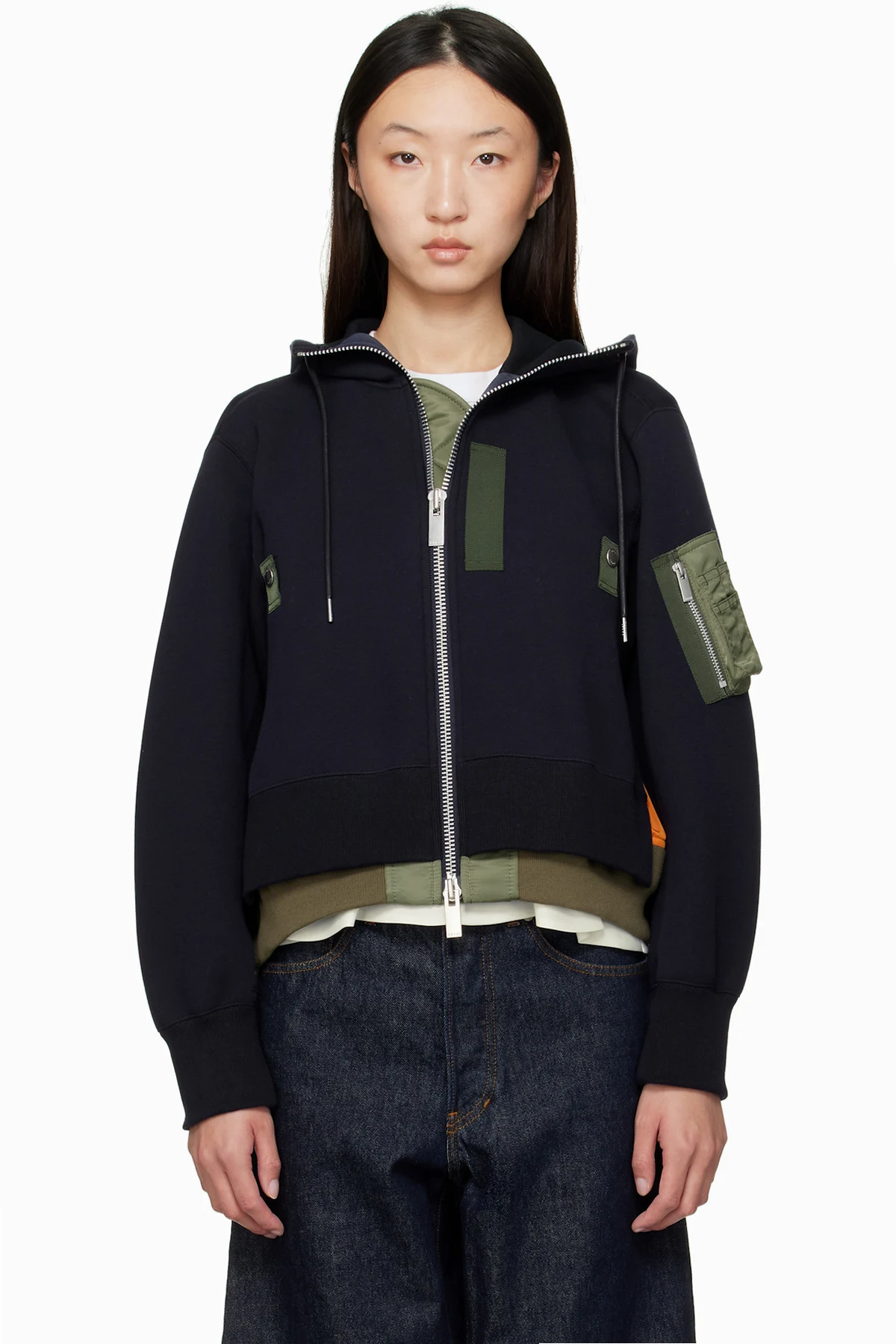 Navy & Khaki Sponge Sweat x Nylon Twill Hoodie