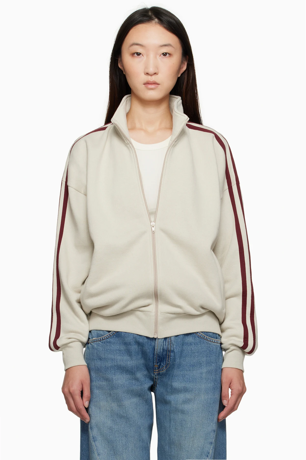 Beige & Burgundy Fleecy Track Zip Up Sweatshirt