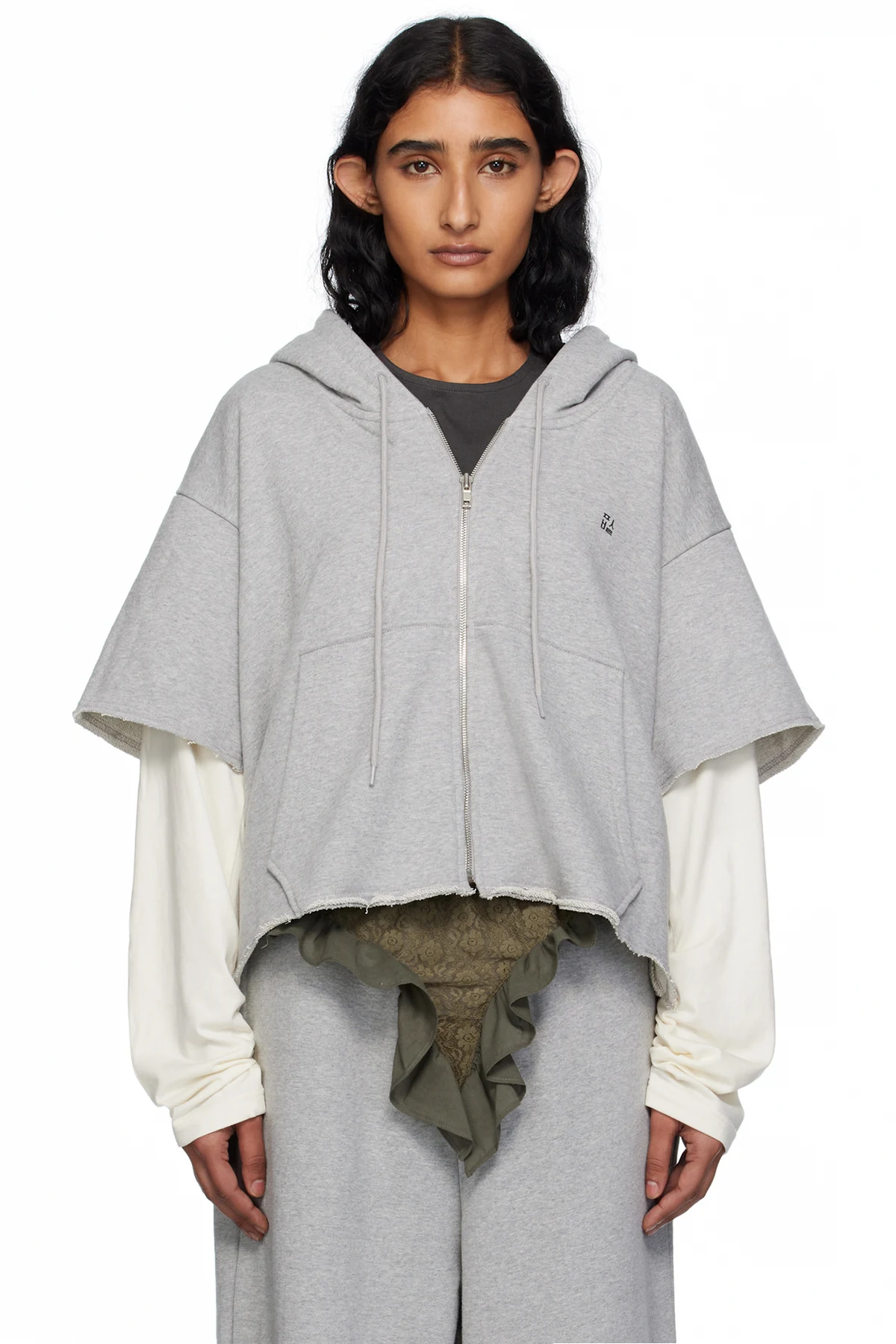 Gray Raw Edge Zip-Up Hoodie