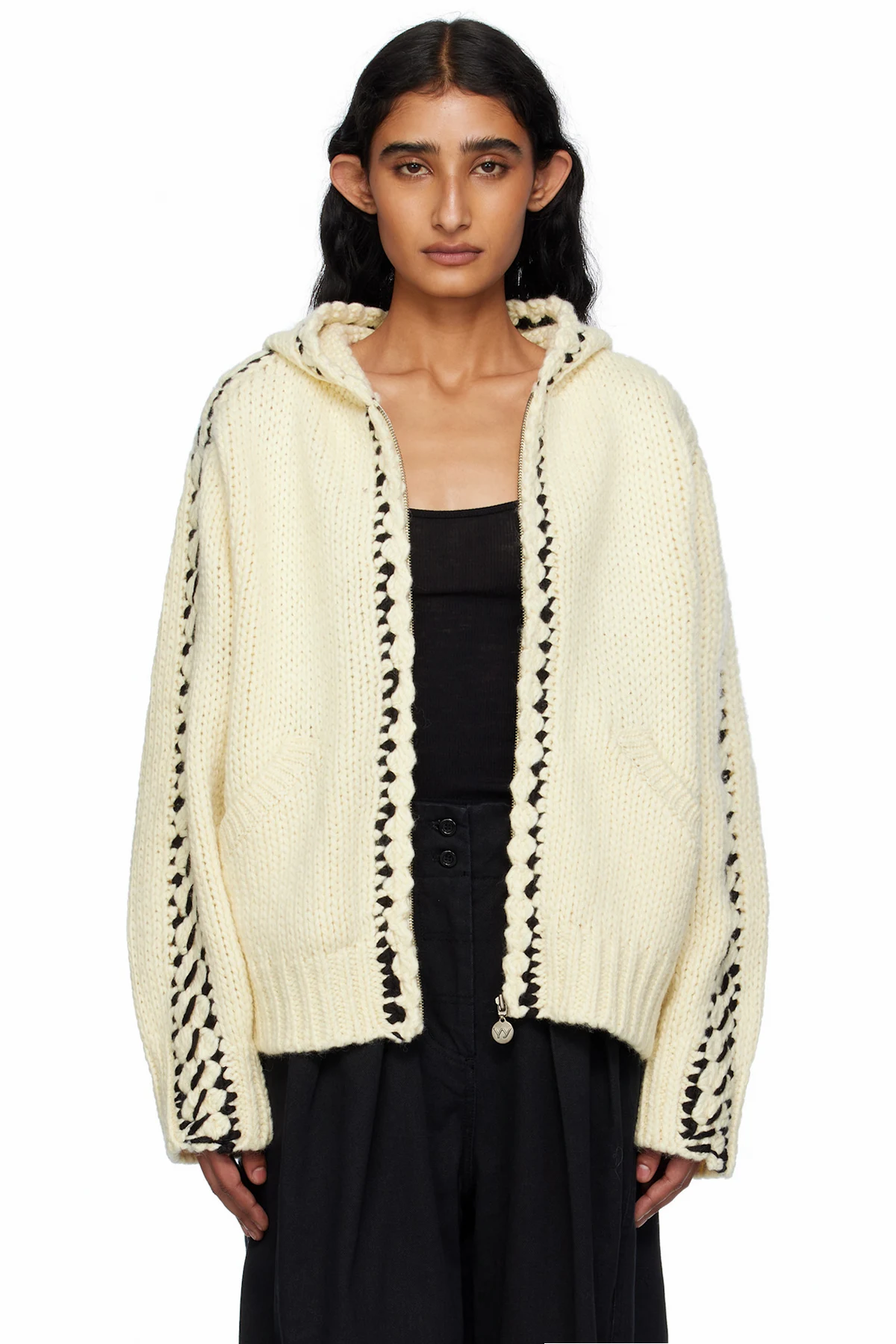 Beige Stitch Zip Up Knit Hoodie