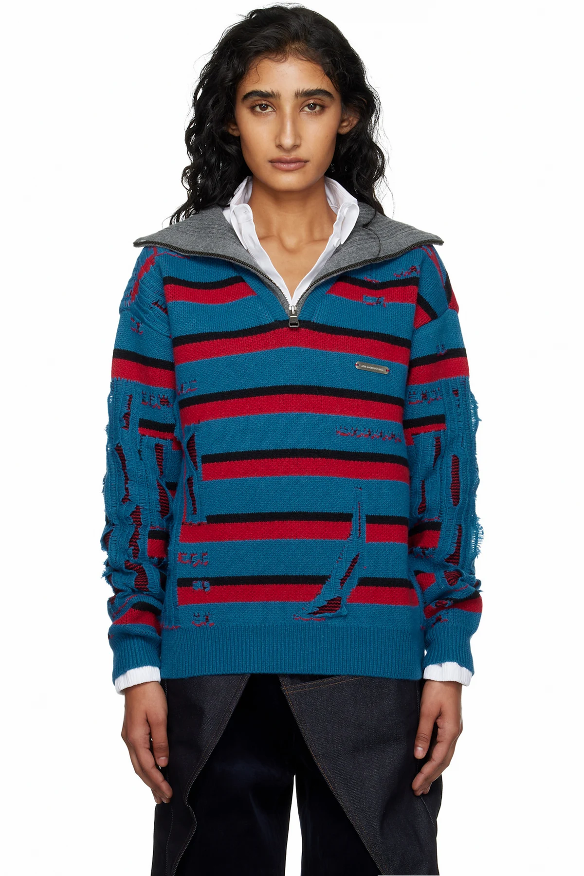 Blue & Red Stripe Jacquard Half Zip-Up Sweater