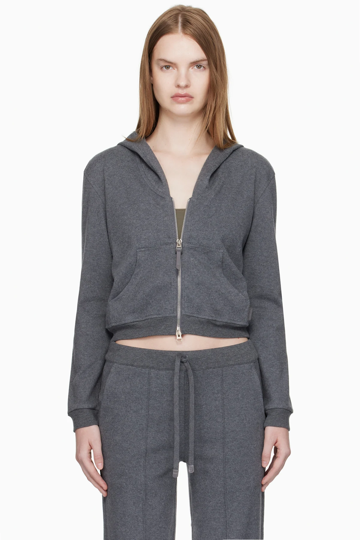 Gray Peachy Hand Cotton Jersey Zip Hoodie
