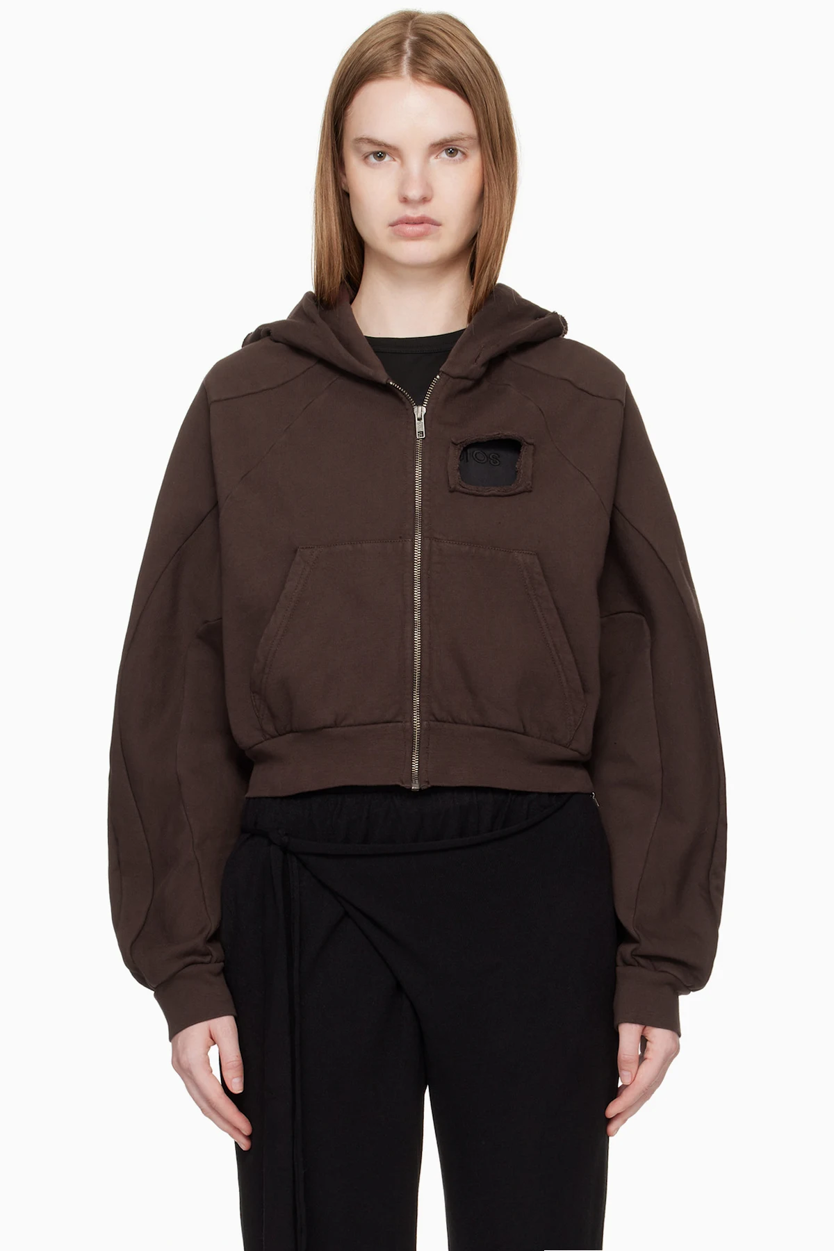 Brown Distressed Multiline Zip Hoodie