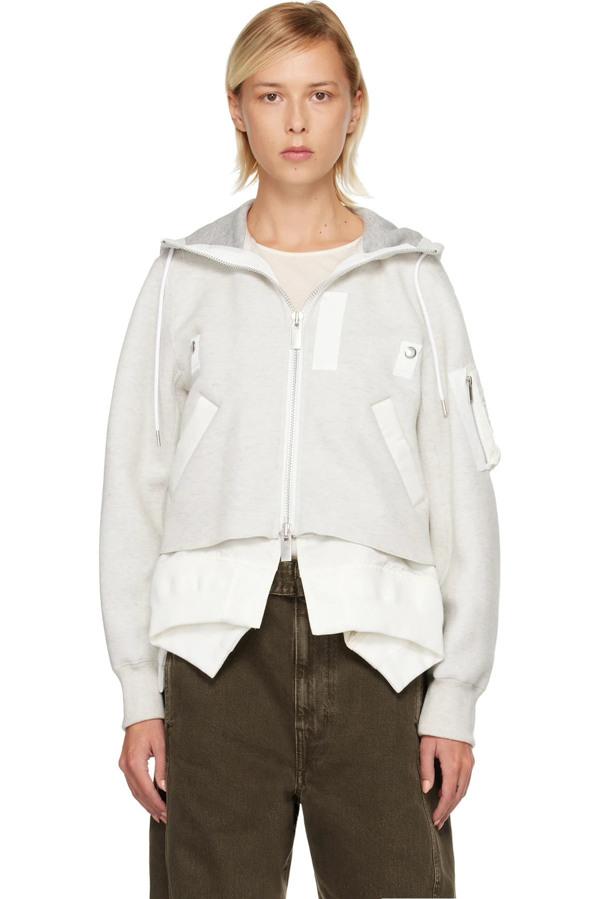 Gray & White Sponge Sweat & Nylon Twill Hoodie
