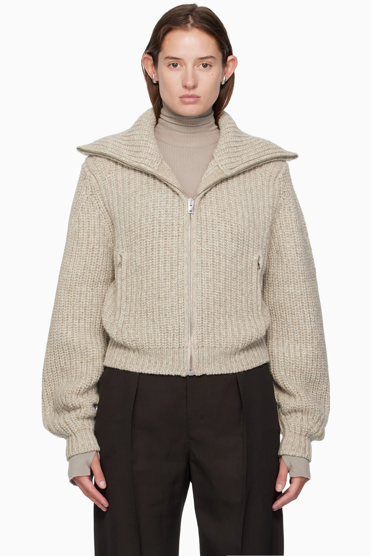 Beige Zipped Cardigan Sweater