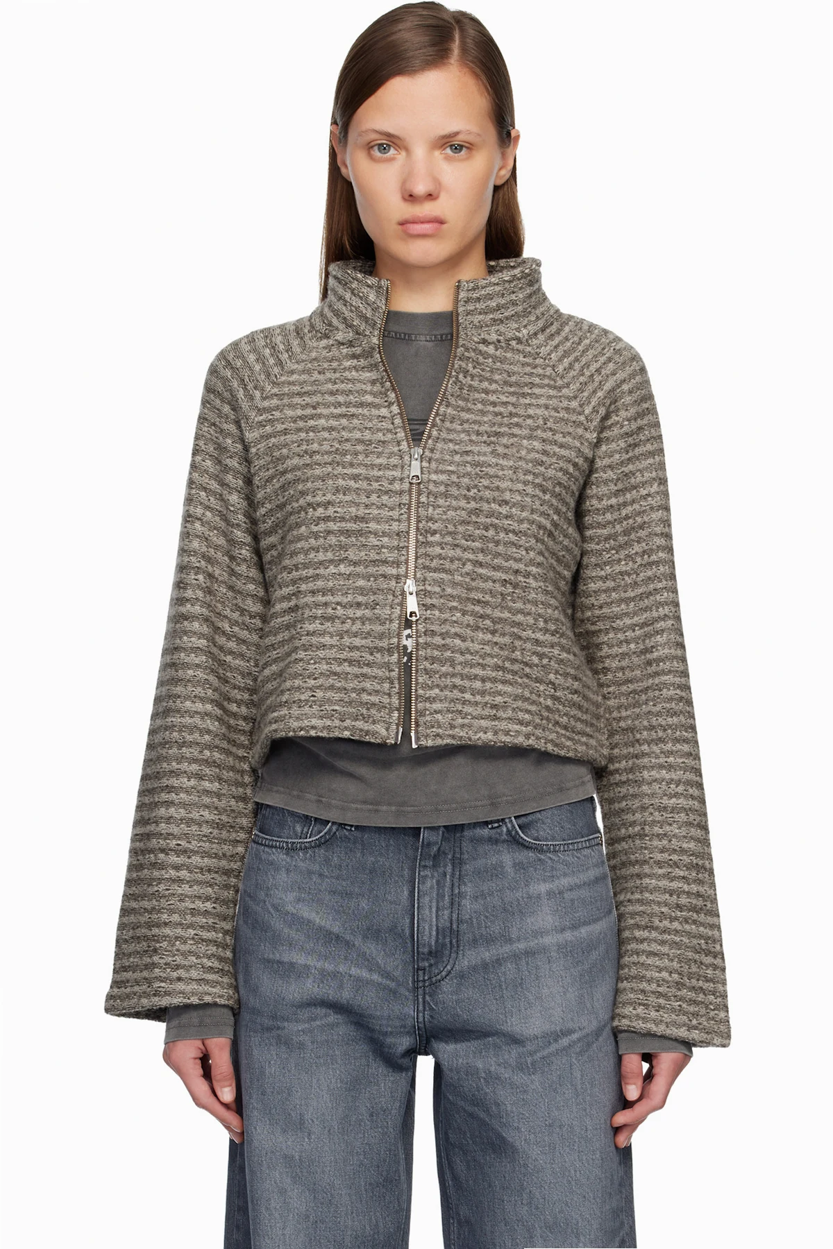 Gray Cropped Leisure Zip Up Jacket