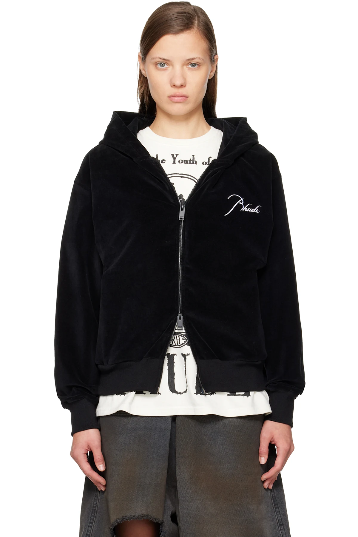 Black Velour Classique Zip-Up Hoodie