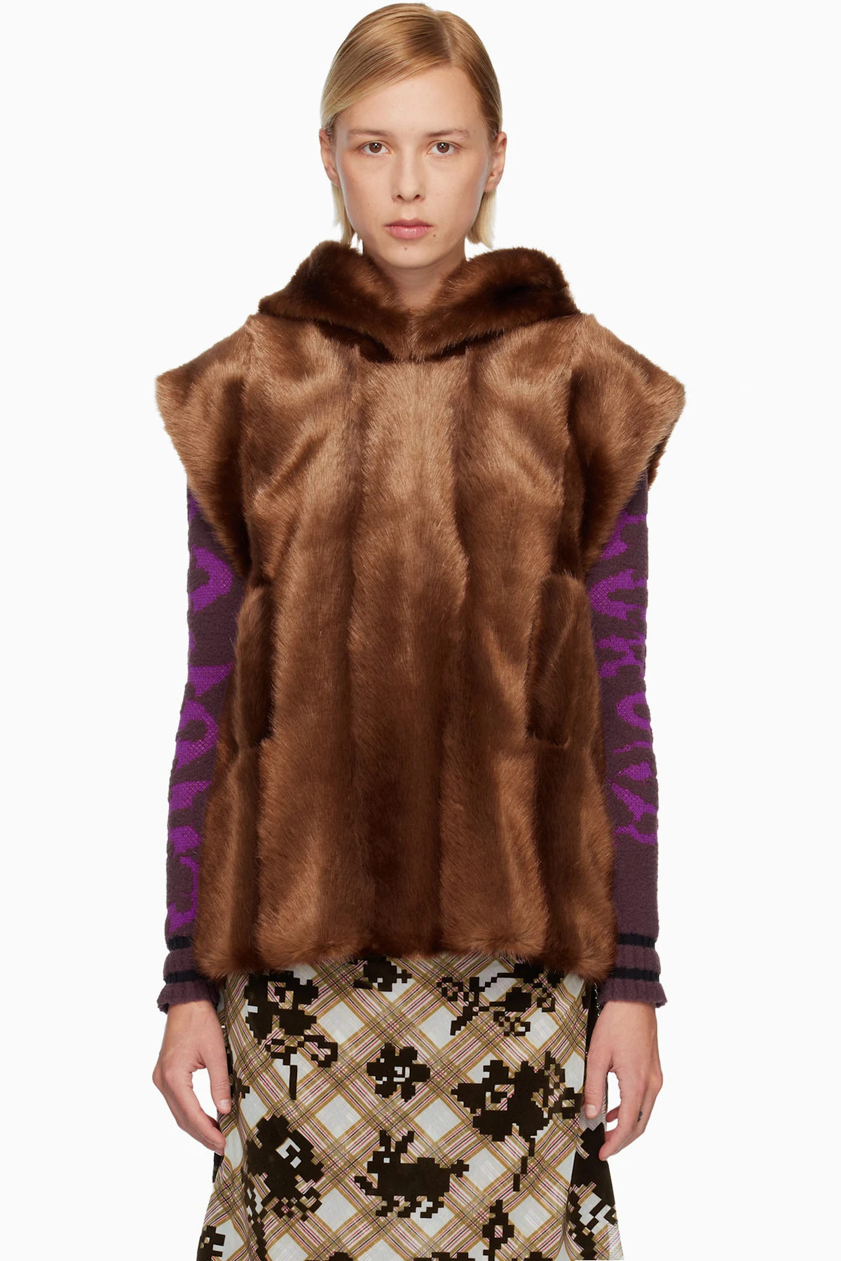 SSENSE Exclusive Brown Sleeveless Faux-Mink Hoodie