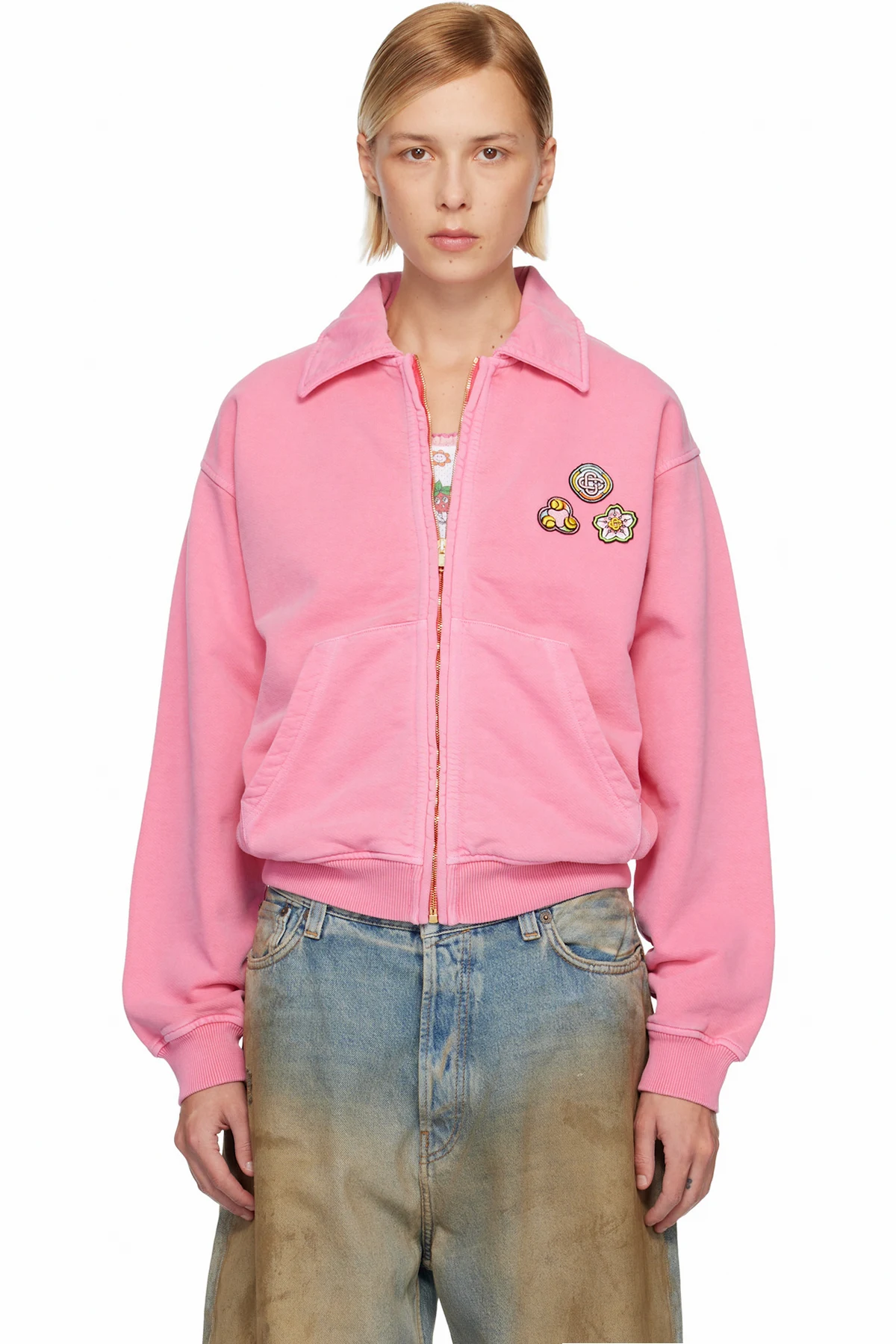 Pink Washed Collar Zip Up Jacket
