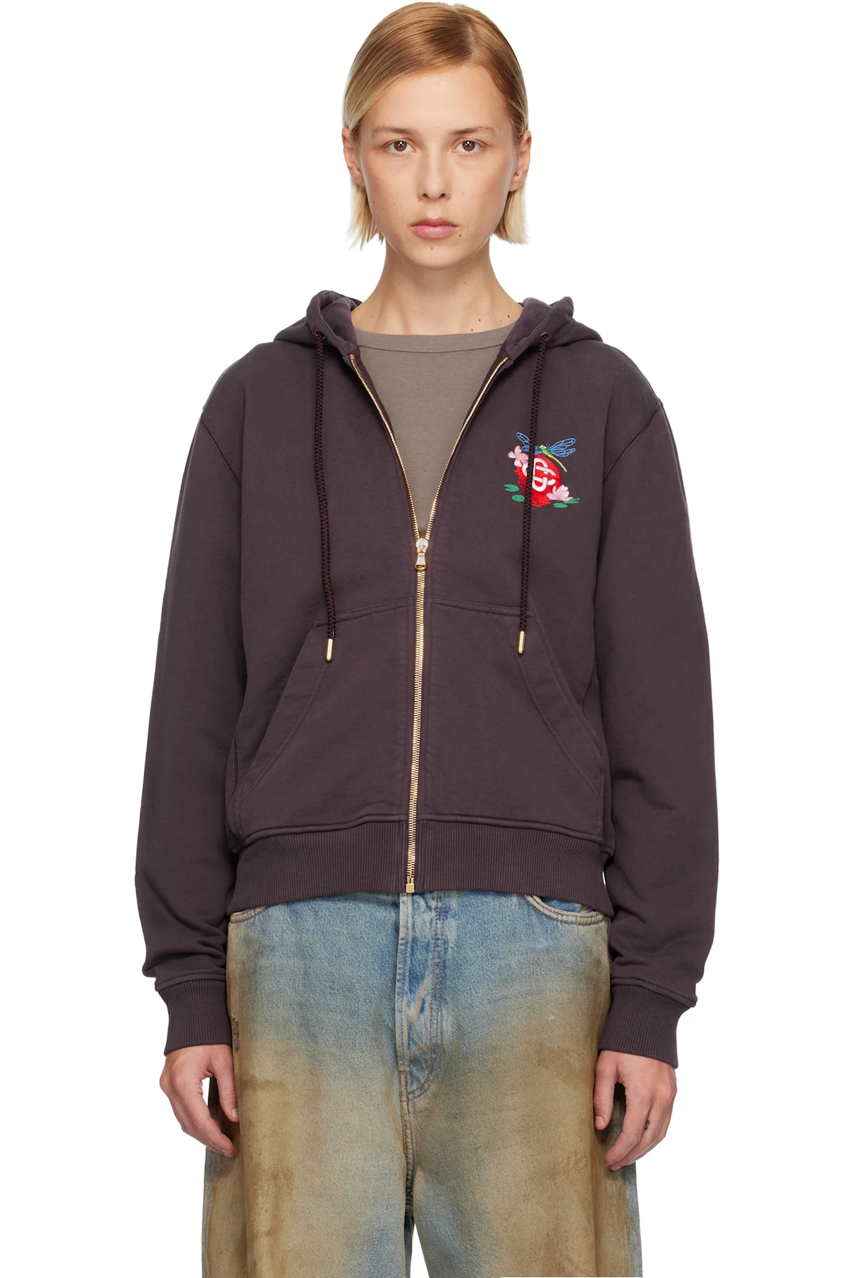 Purple Dragonfly Floral Embroidered Full Zip Hoodie