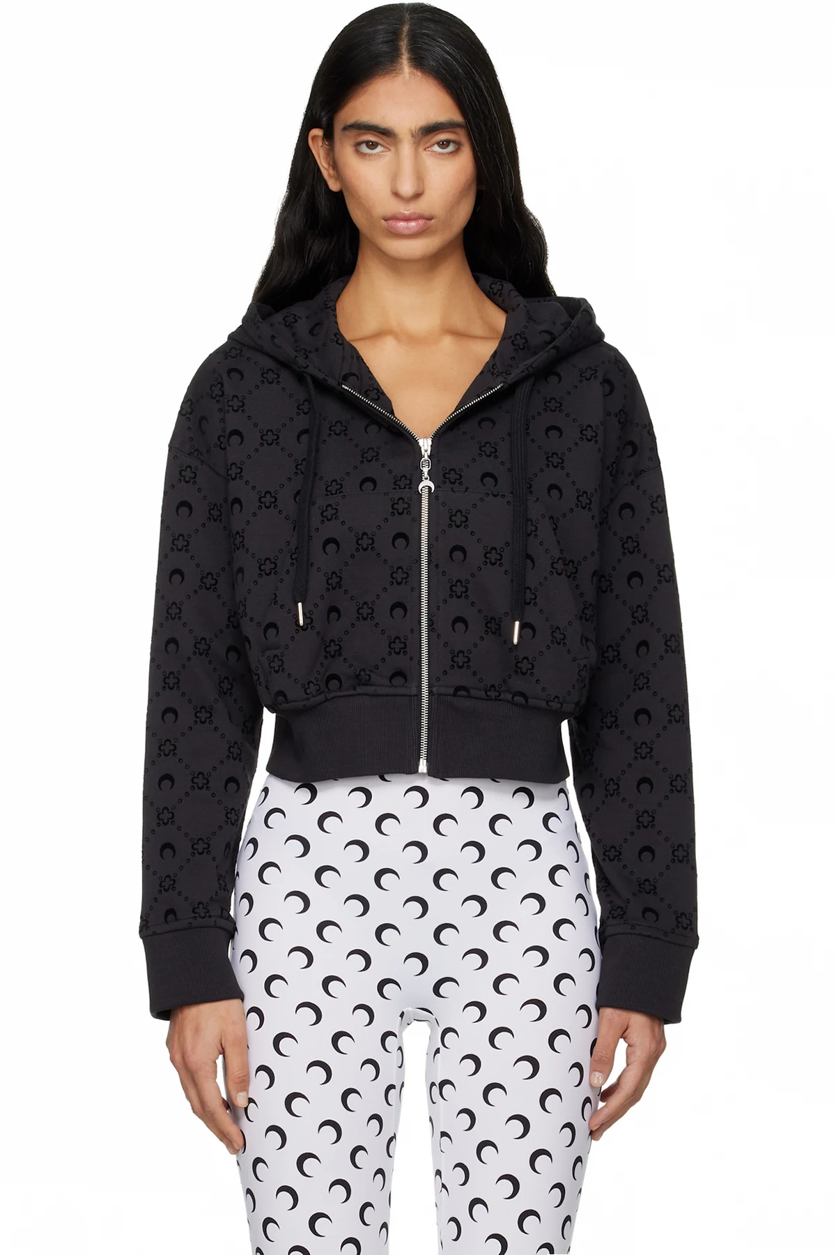 Black Moonogram Flocked Fleece Cropped Zipped Hoodie