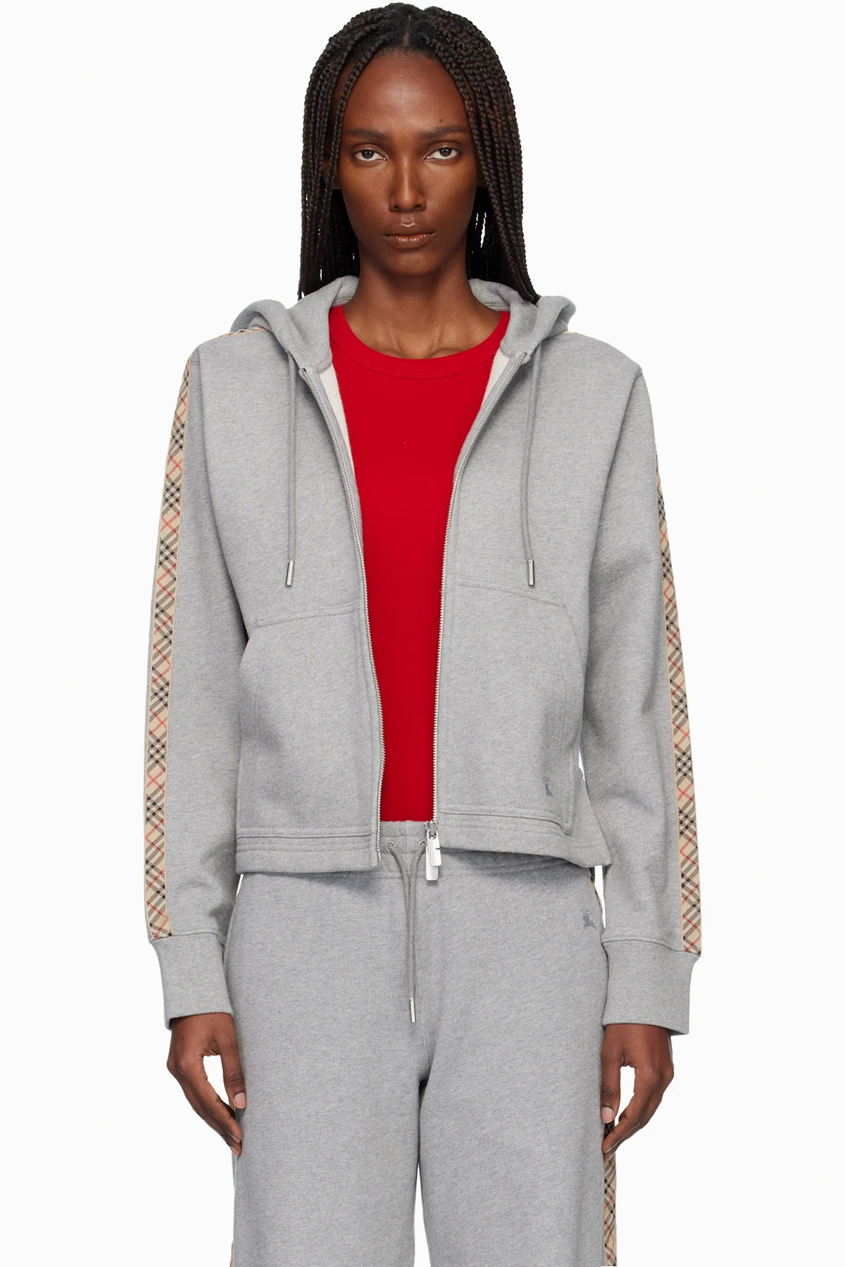 Gray Check Trim Cotton Zip Hoodie