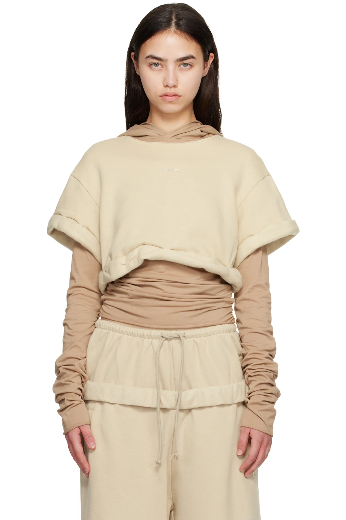 Beige Layered Roll-Up Hoodie