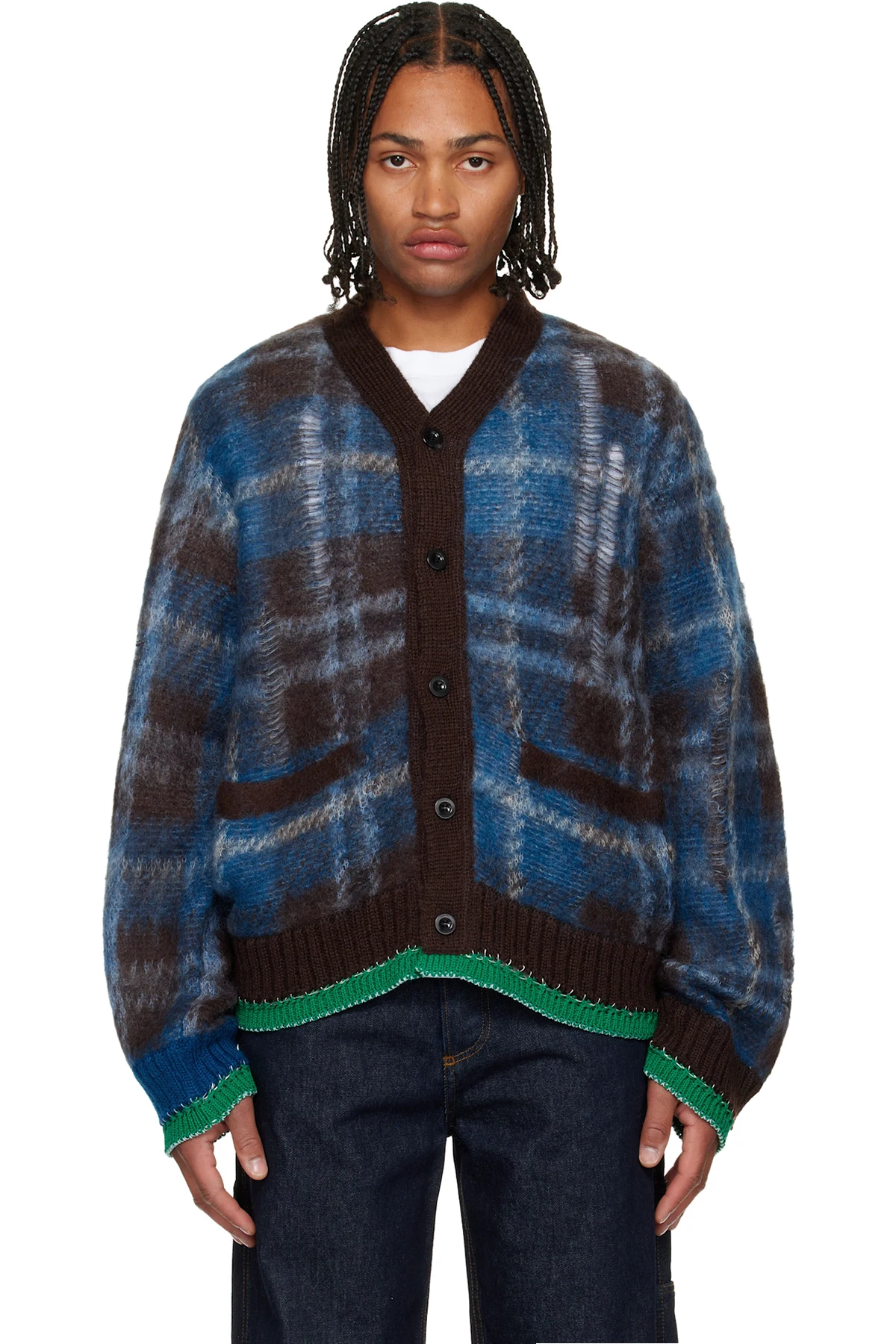 Blue & Brown Plaid Mohair Knit Cardigan