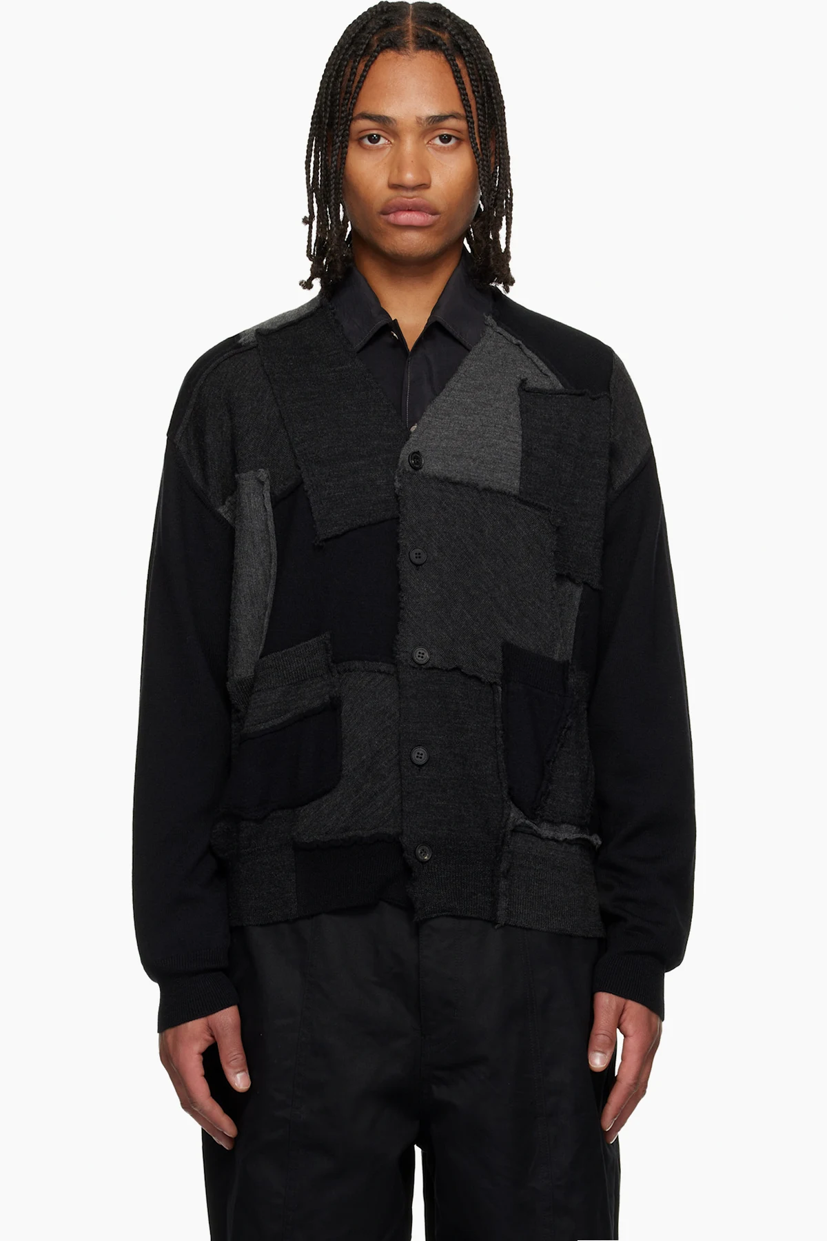 Black Worsted Wool Jersey Patchwork Cardigan