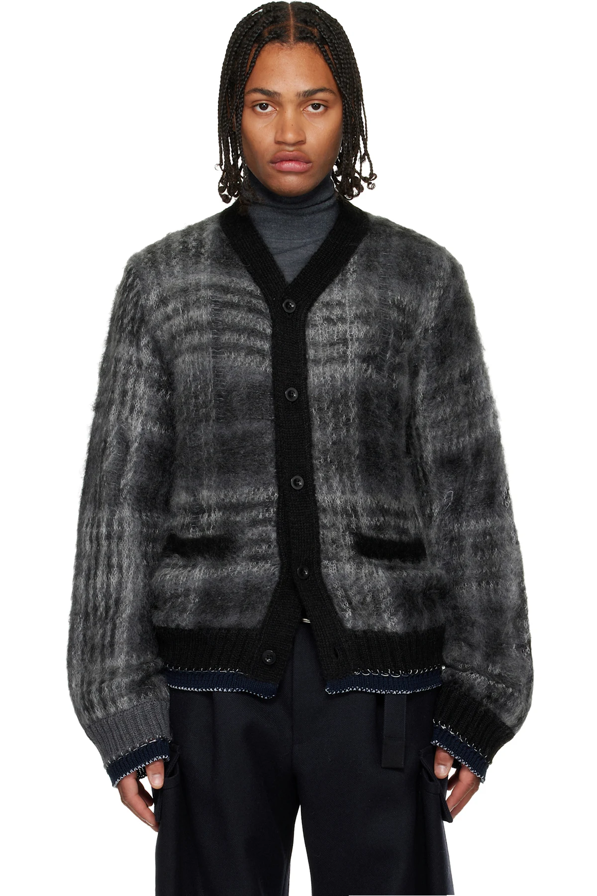 Gray Plaid Mohair Knit Cardigan