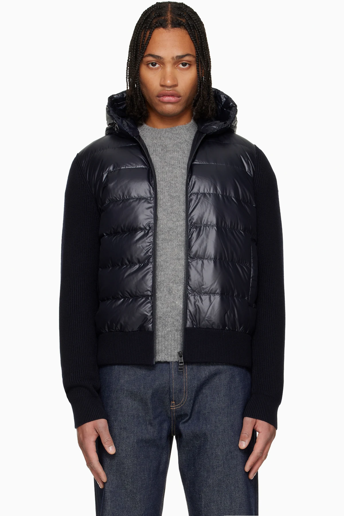 Navy Padded Wool Zip-Up Down Jacket