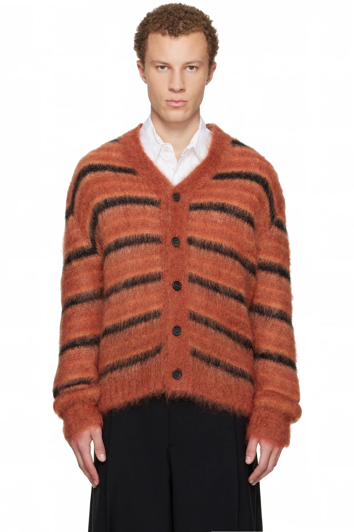 Red & Black Fuzzy Wuzzy Stripe V-Neck Cardigan