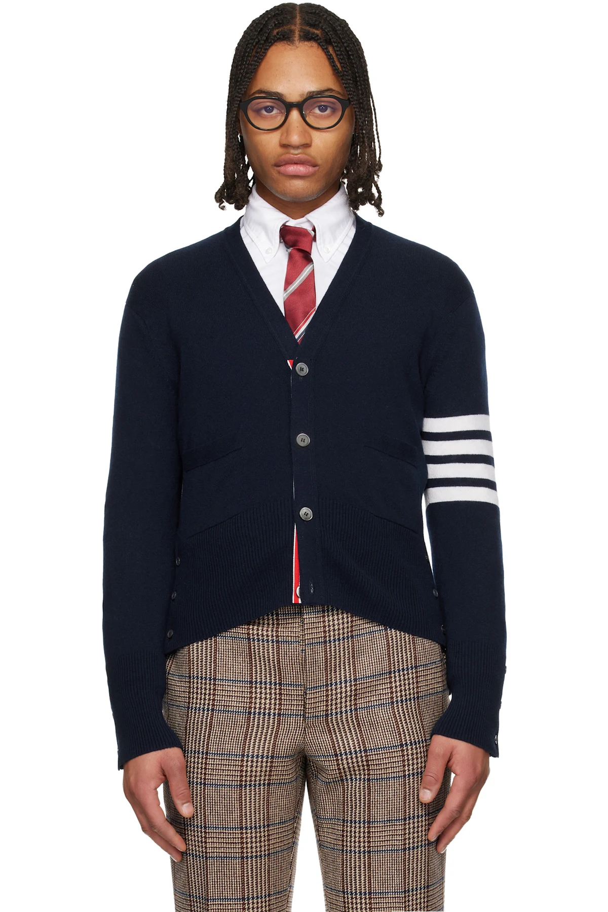 Navy Classic Cashmere 4-Bar V-Neck Cardigan