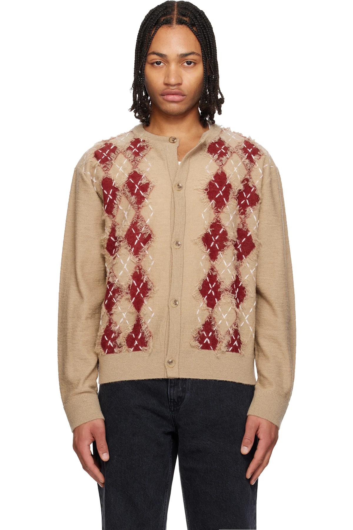 Beige Argyle Roundneck Cardigan