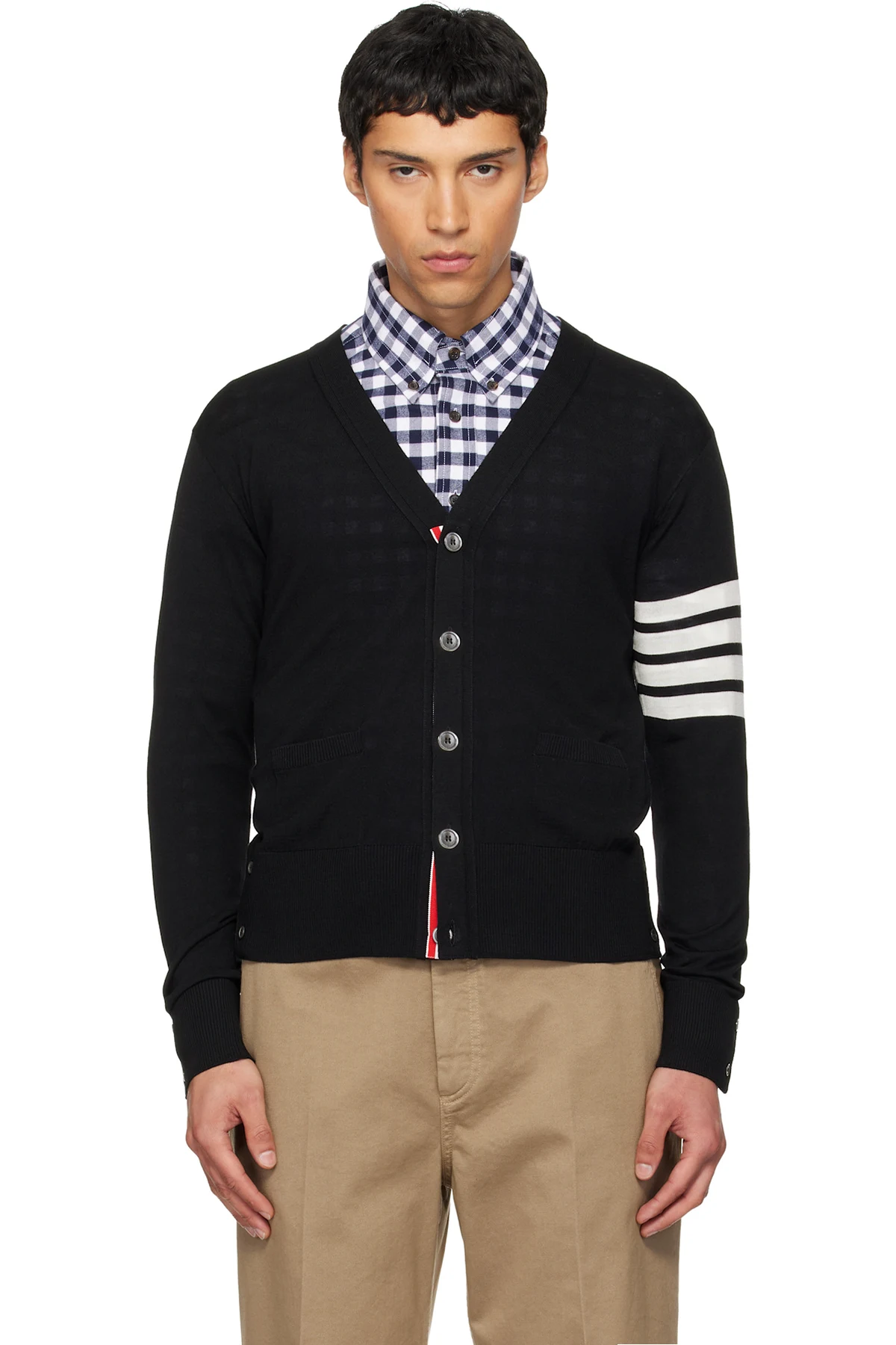 Black Merino Wool 4-Bar Classic V-Neck Cardigan