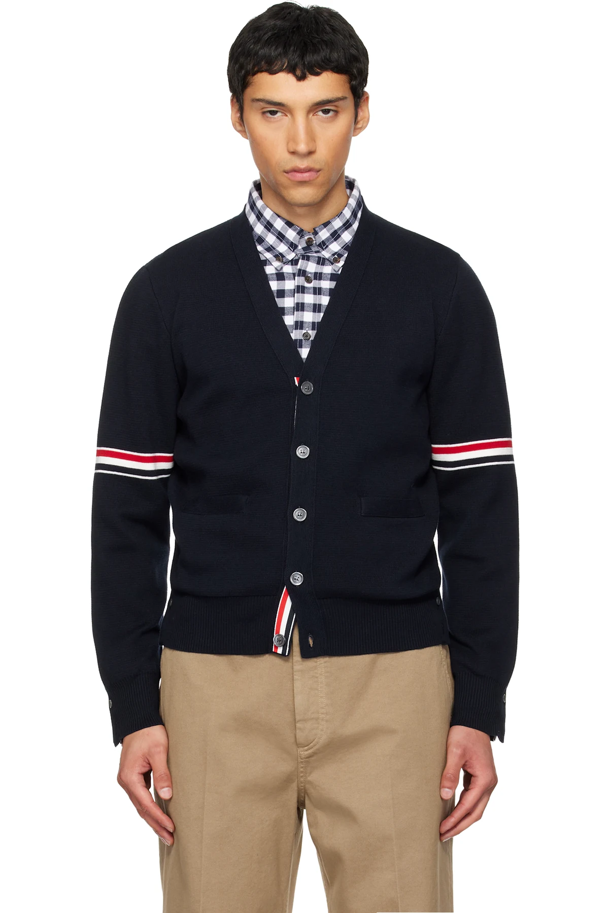 Navy Cotton Milano Stitch V-Neck Cardigan