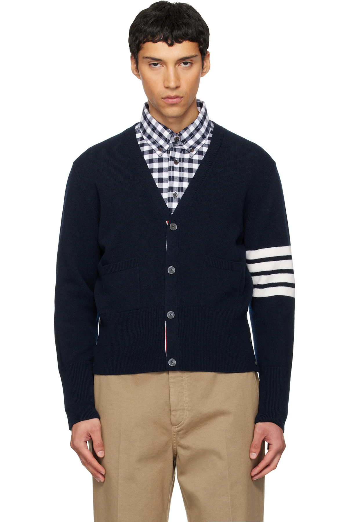 Navy Intarsia Horse Merino Wool 4-Bar Cardigan