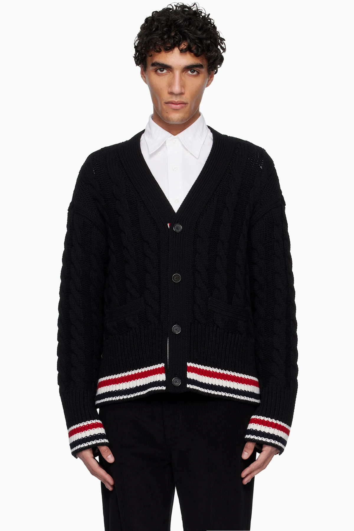 Black Merino Baby Cable Stitch RWB Stripe Cardigan