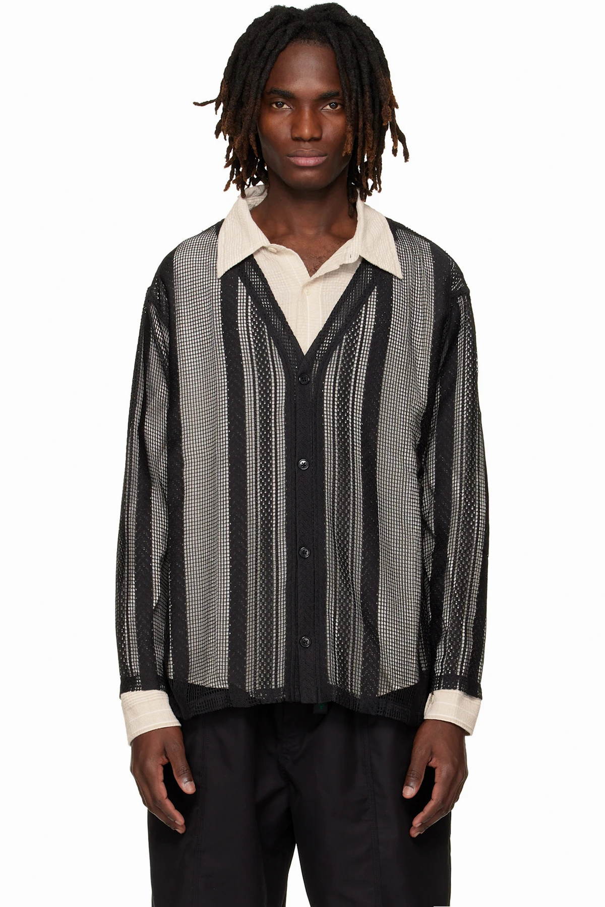 Black Poly Lace V-neck Cardigan