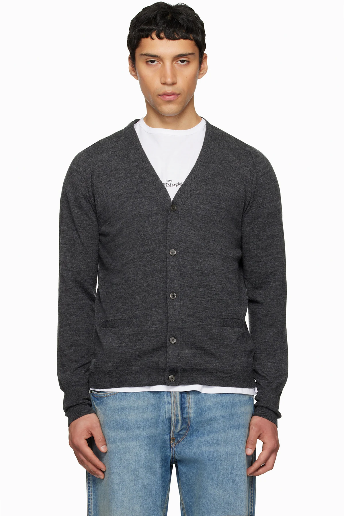 Gray Wool-Blend V-Neck Cardigan