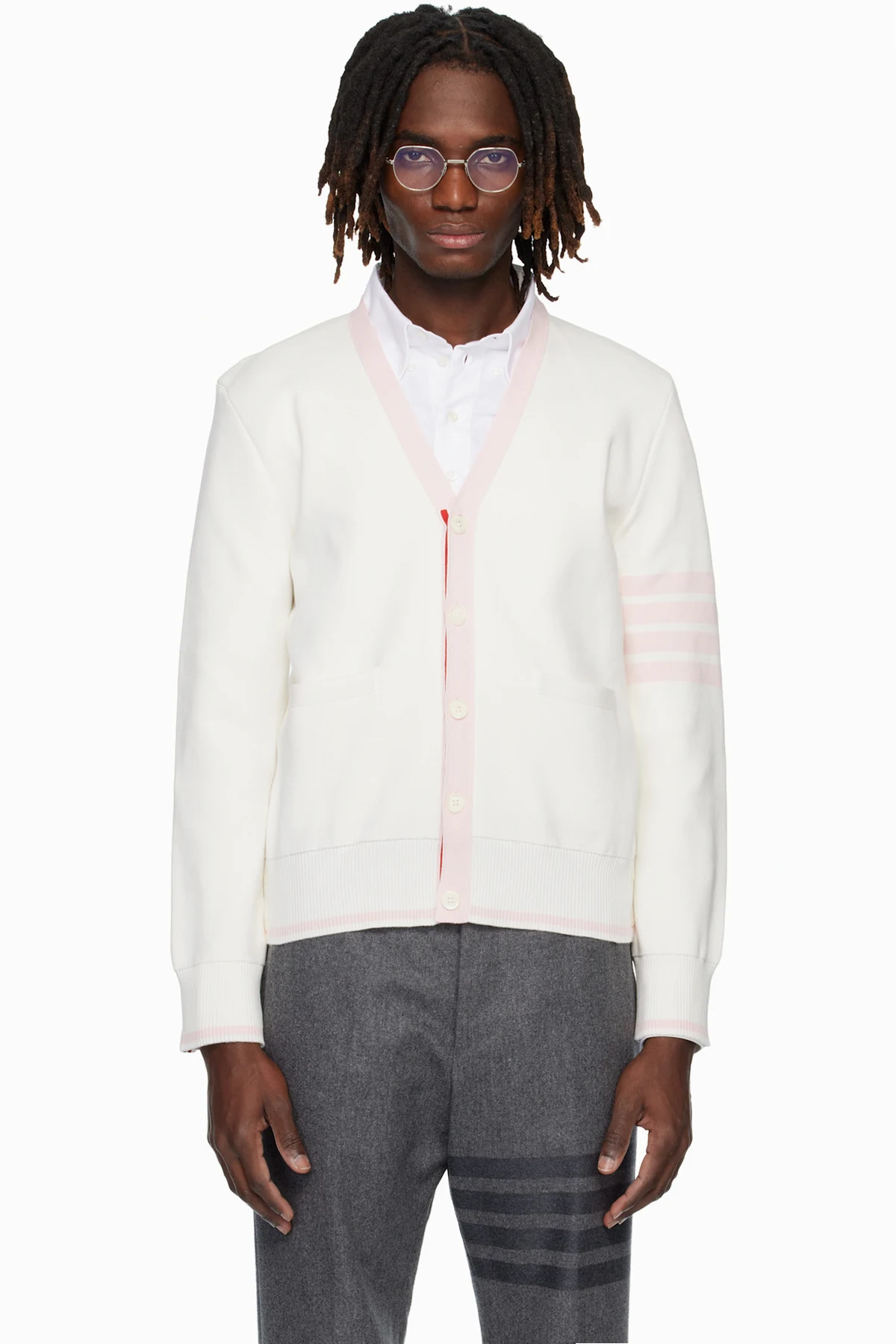 White Cotton 4-Bar Milano Classic V-Neck Cardigan