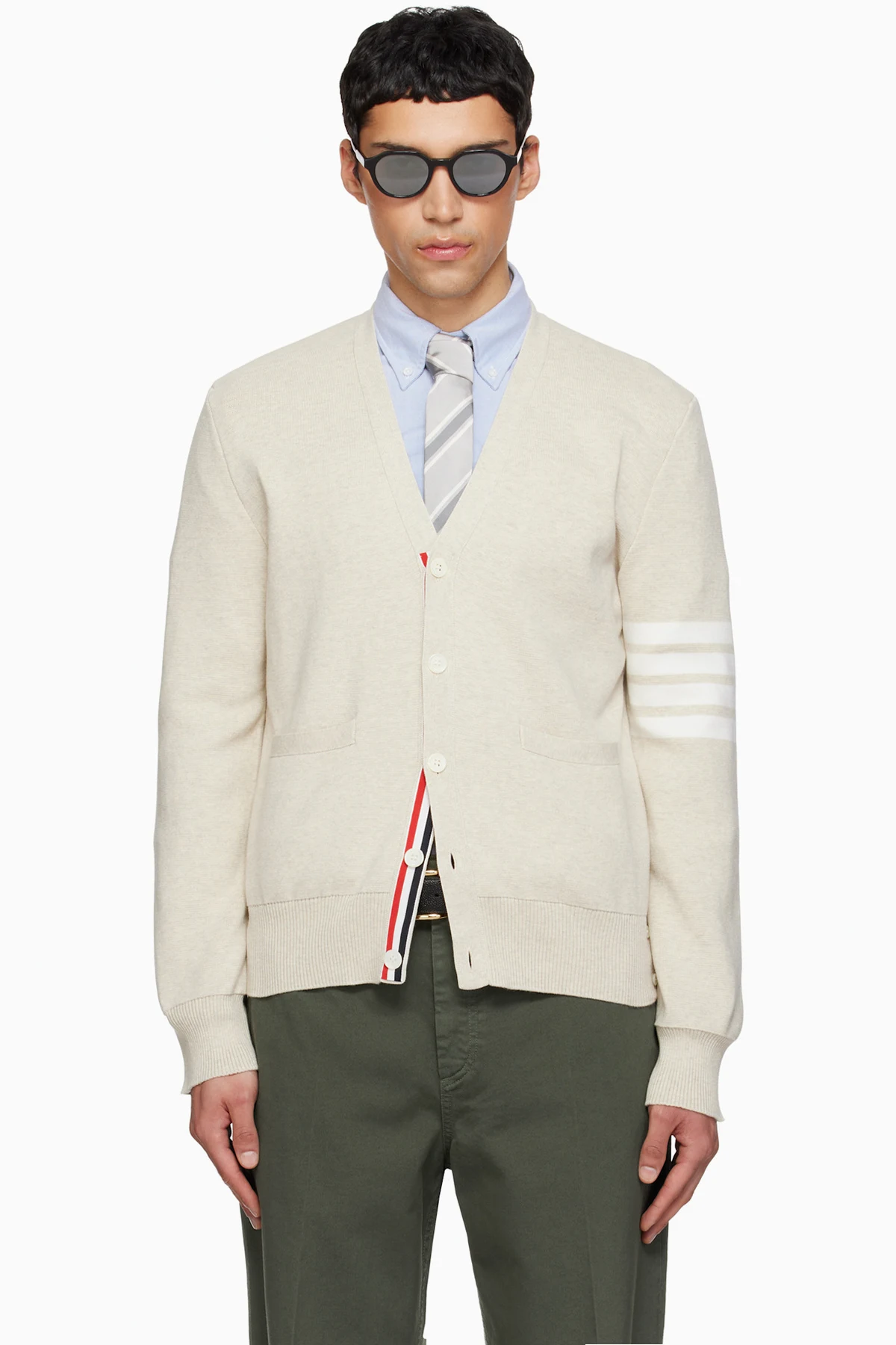 Beige Cotton Crepe 4-Bar Milano Stitch Cardigan