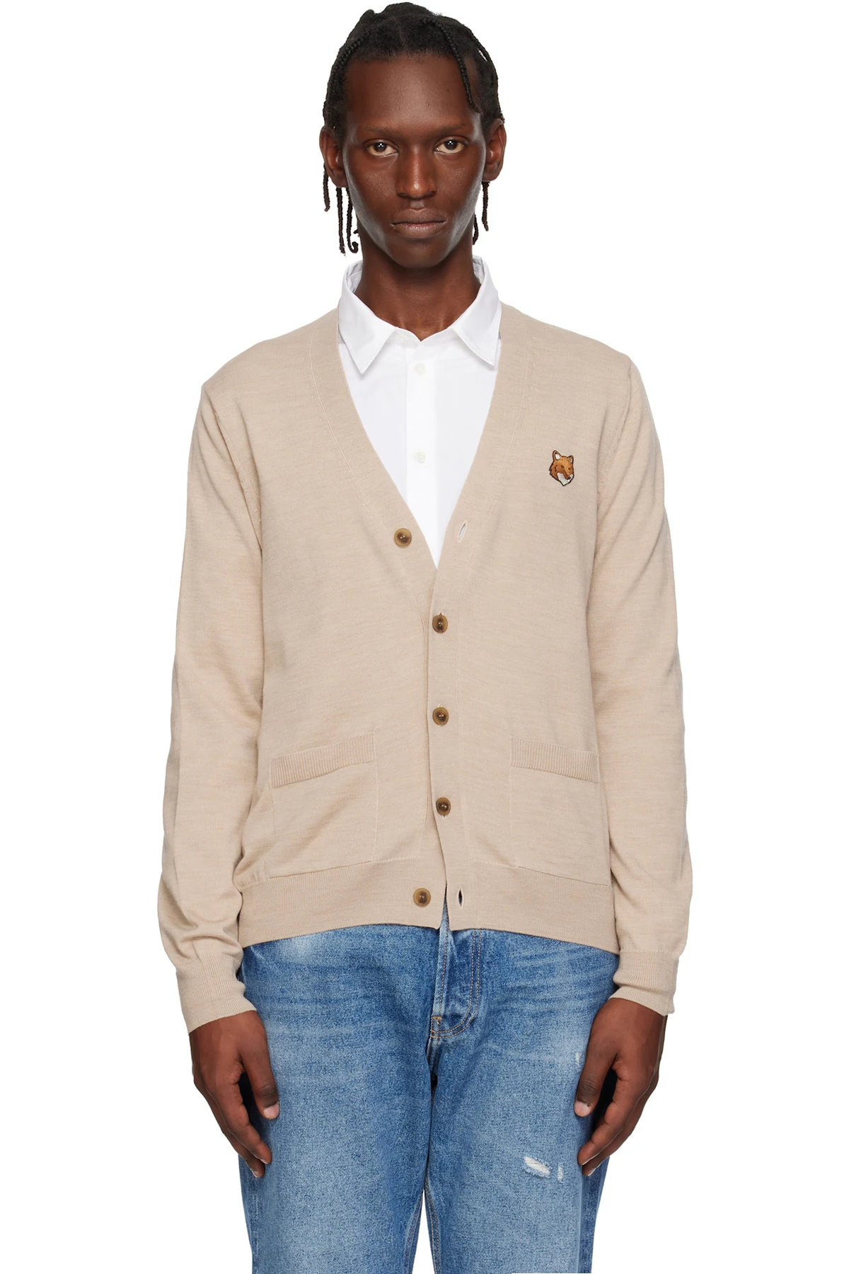 Beige Fox Head Merino Regular Cardigan