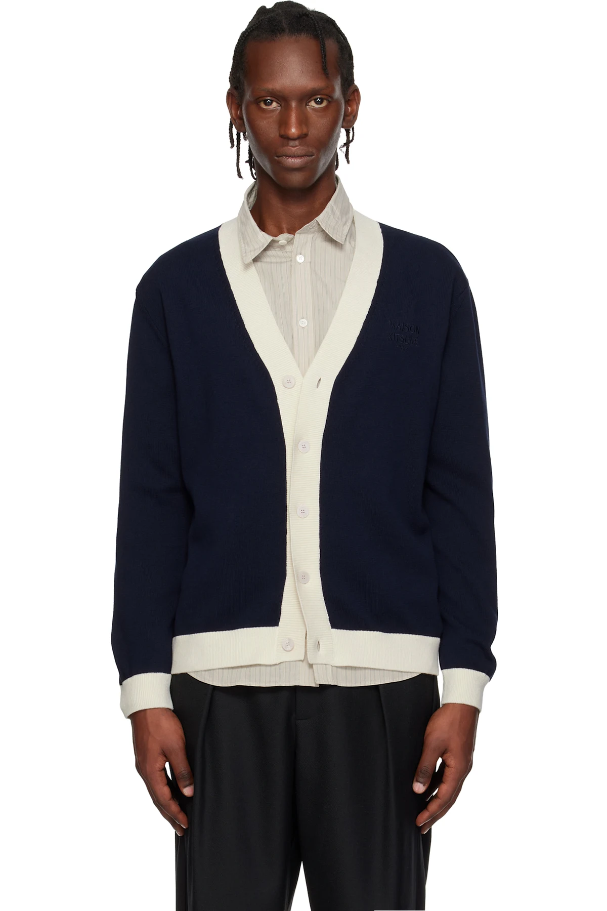 Navy Contrasted Cotton Comfort Cardigan