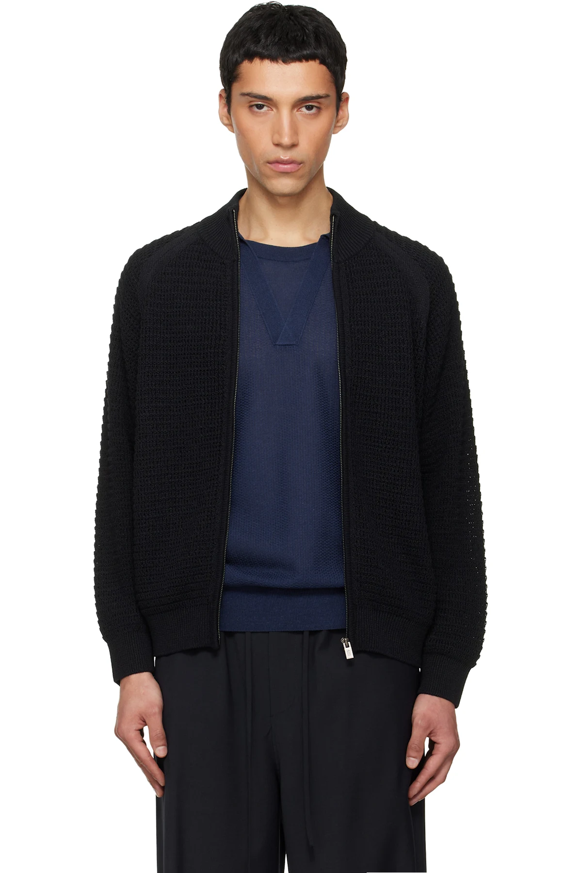 Black Open Knit Zip-Up Cardigan