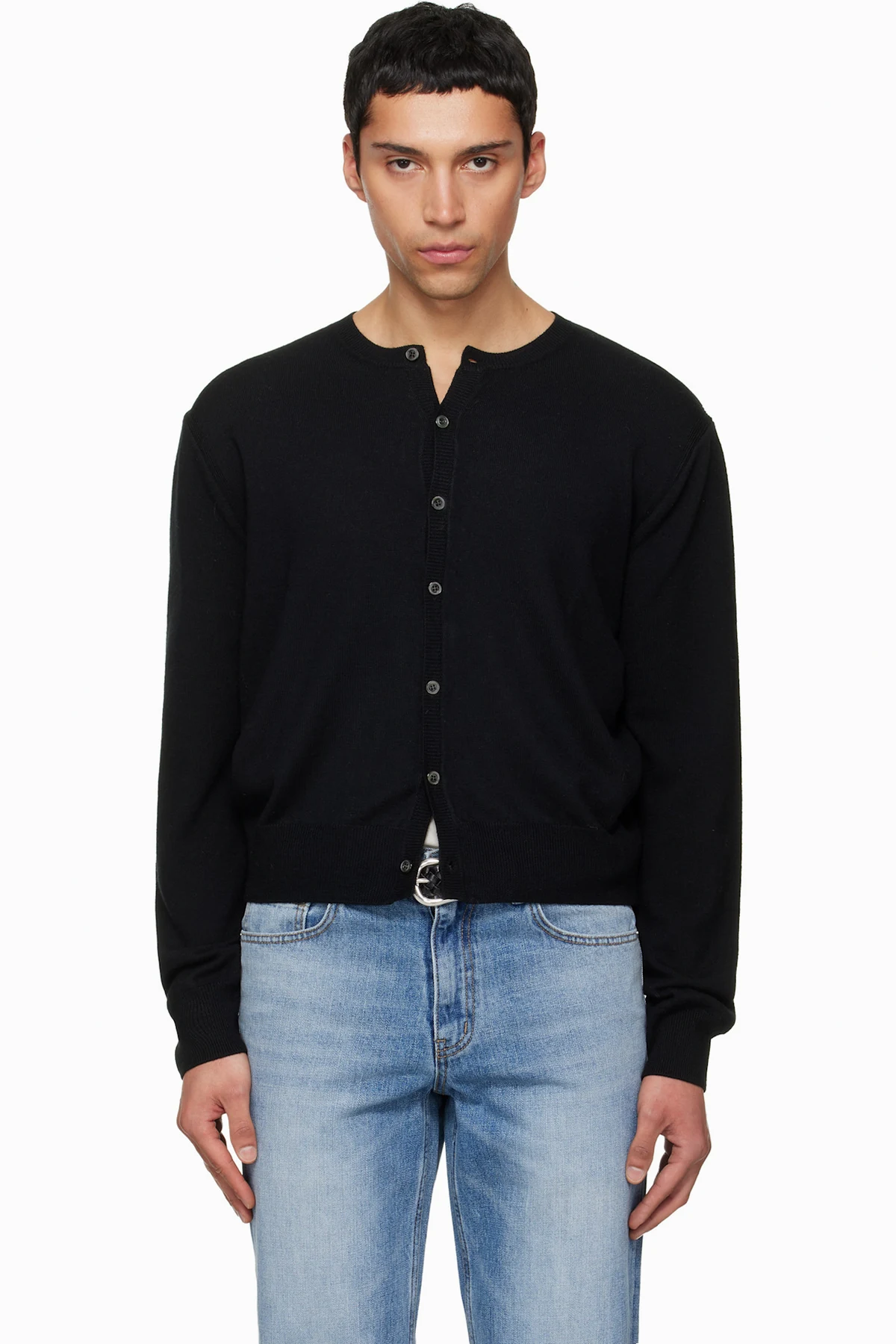 Black Super Fine Wool Crew-Neck Cardigan