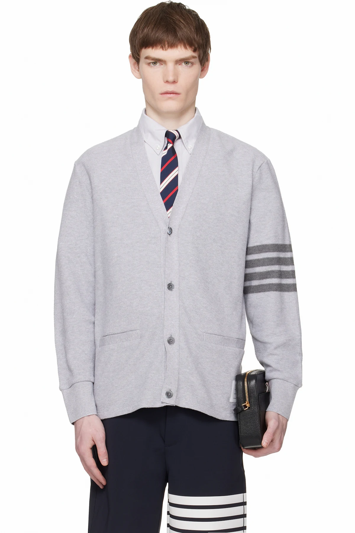 Gray Textured Pique 4-Bar Cardigan