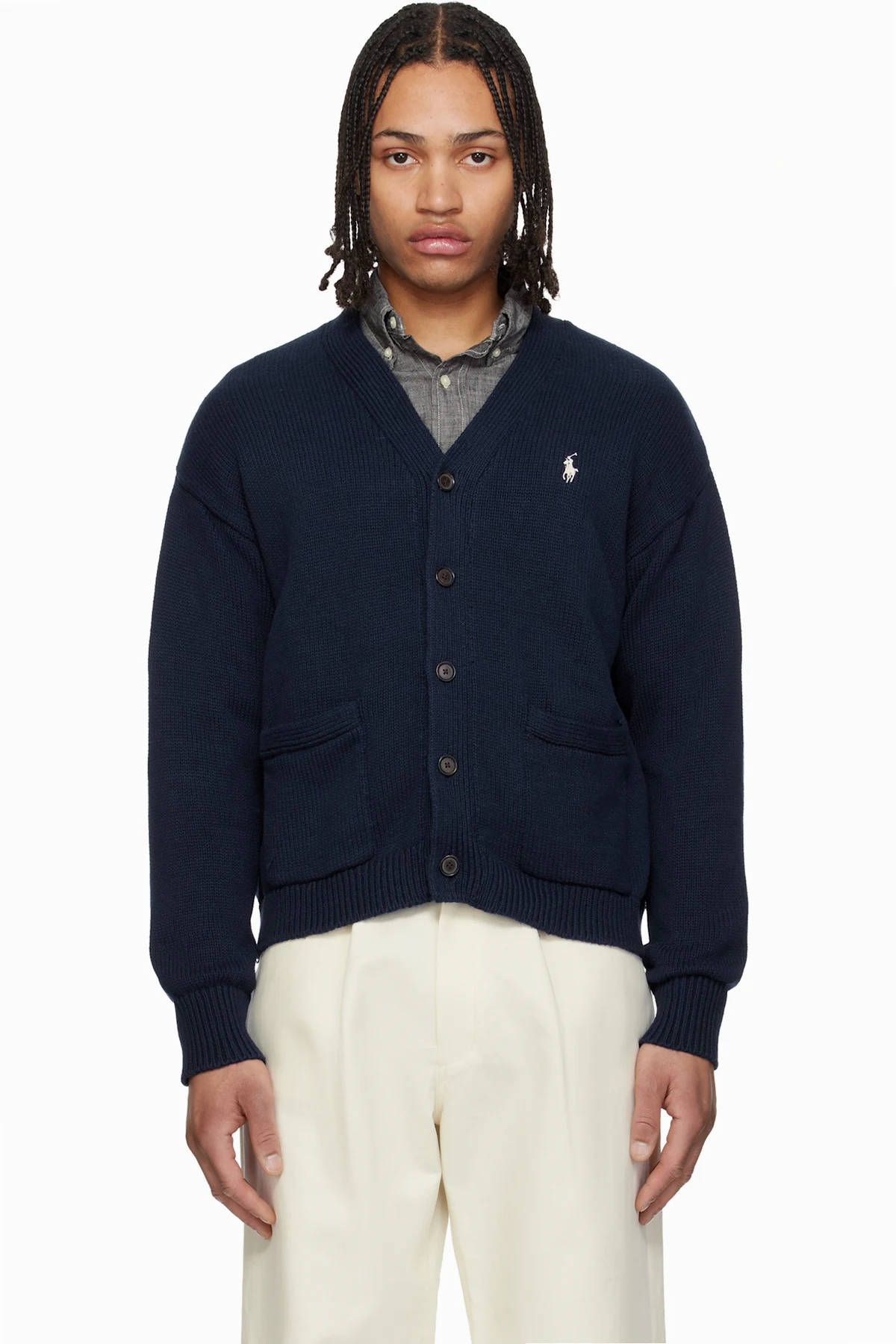 Navy Cotton Long Sleeve Cardigan