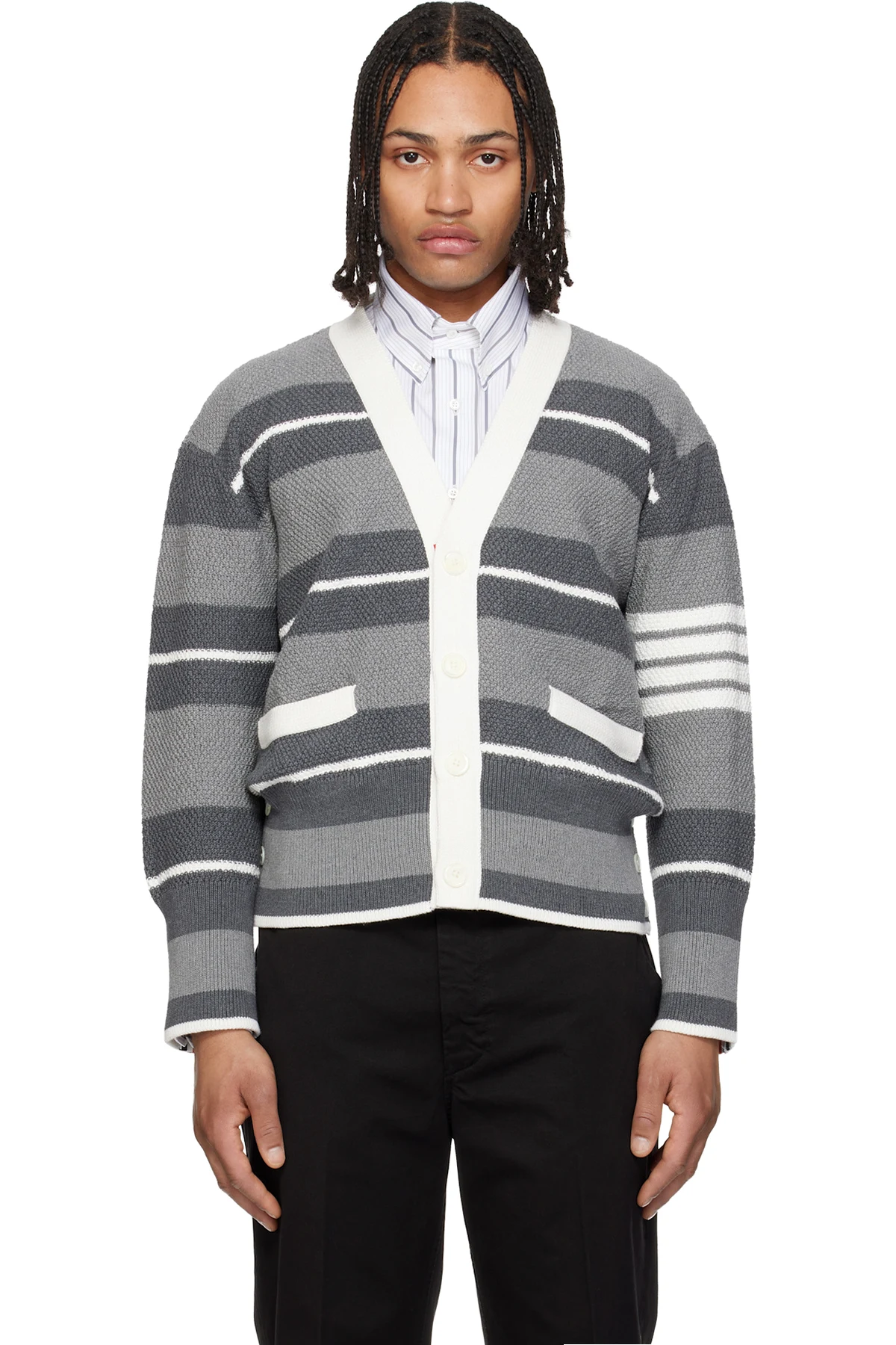 Gray Classic Stripe Seed Stitch 4-Bar Cardigan