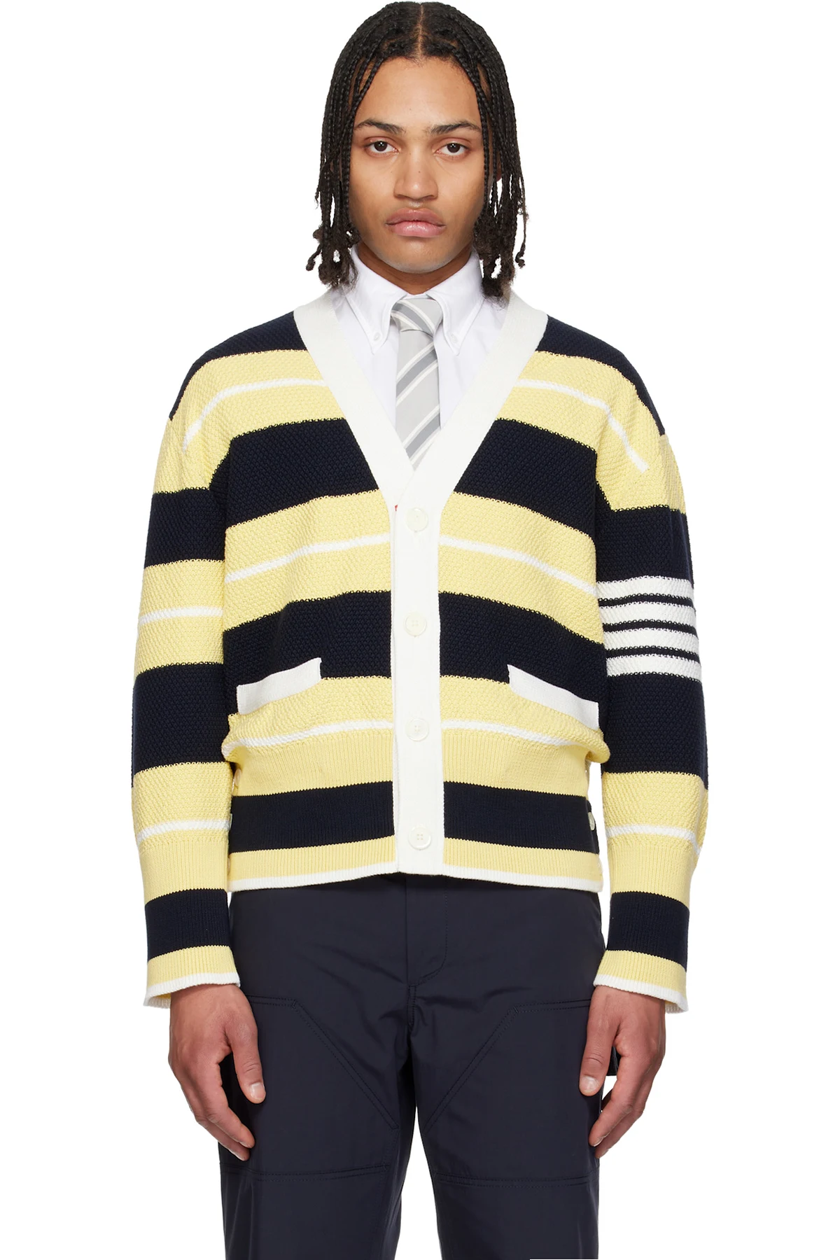 Yellow & Navy Classic Stripe Seed Stitch 4-Bar Cardigan