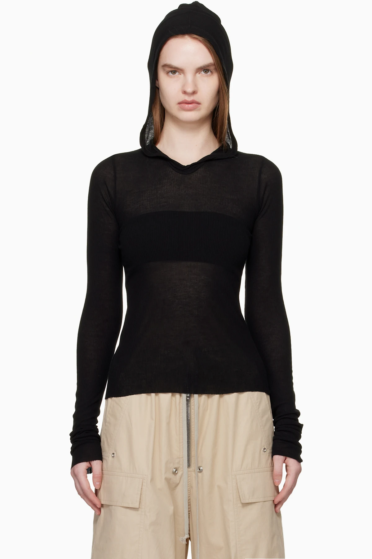 Black Temple Cropped Rib LS Hoodie