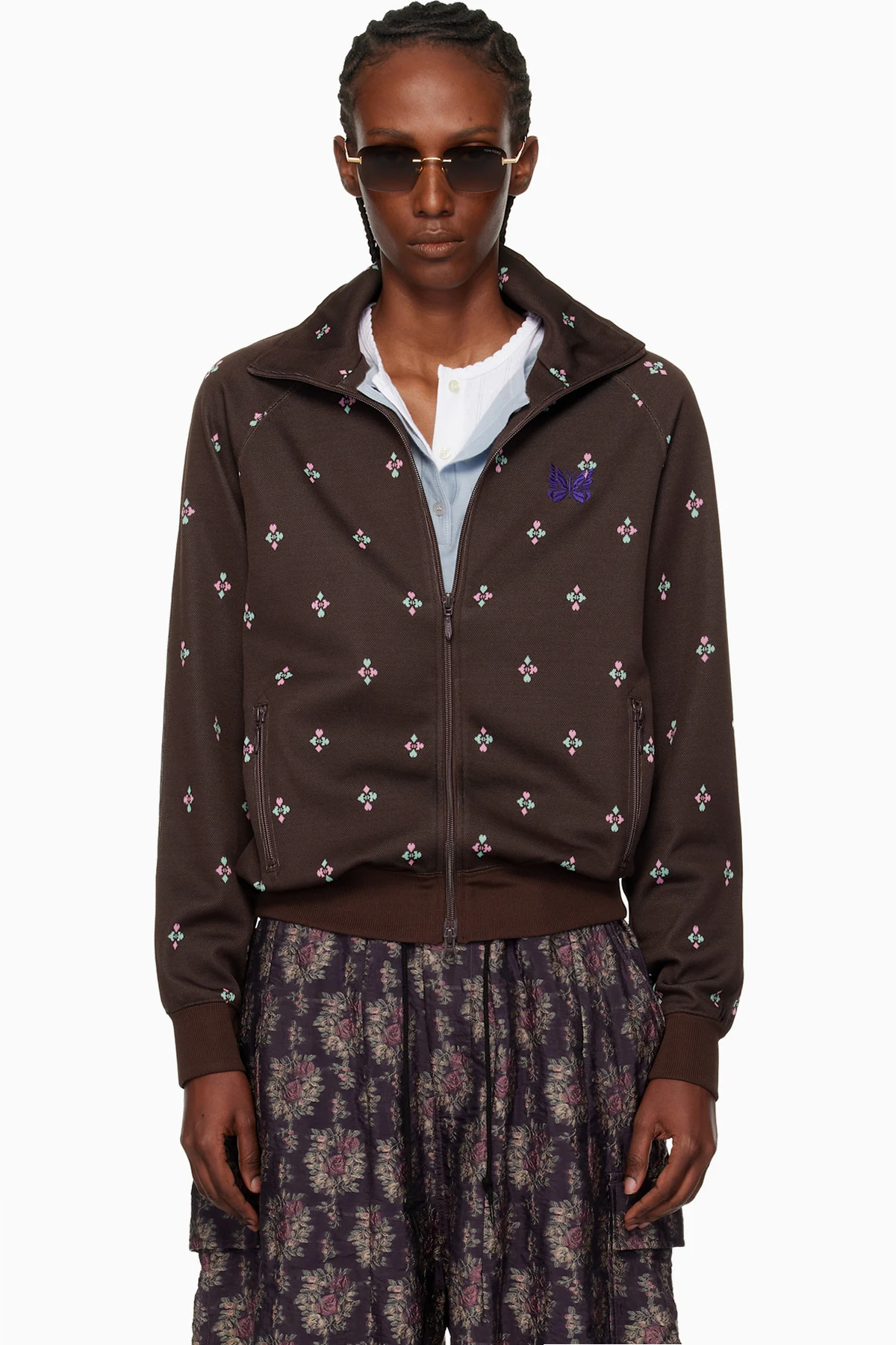 Brown Flower Jacquard Track Jacket