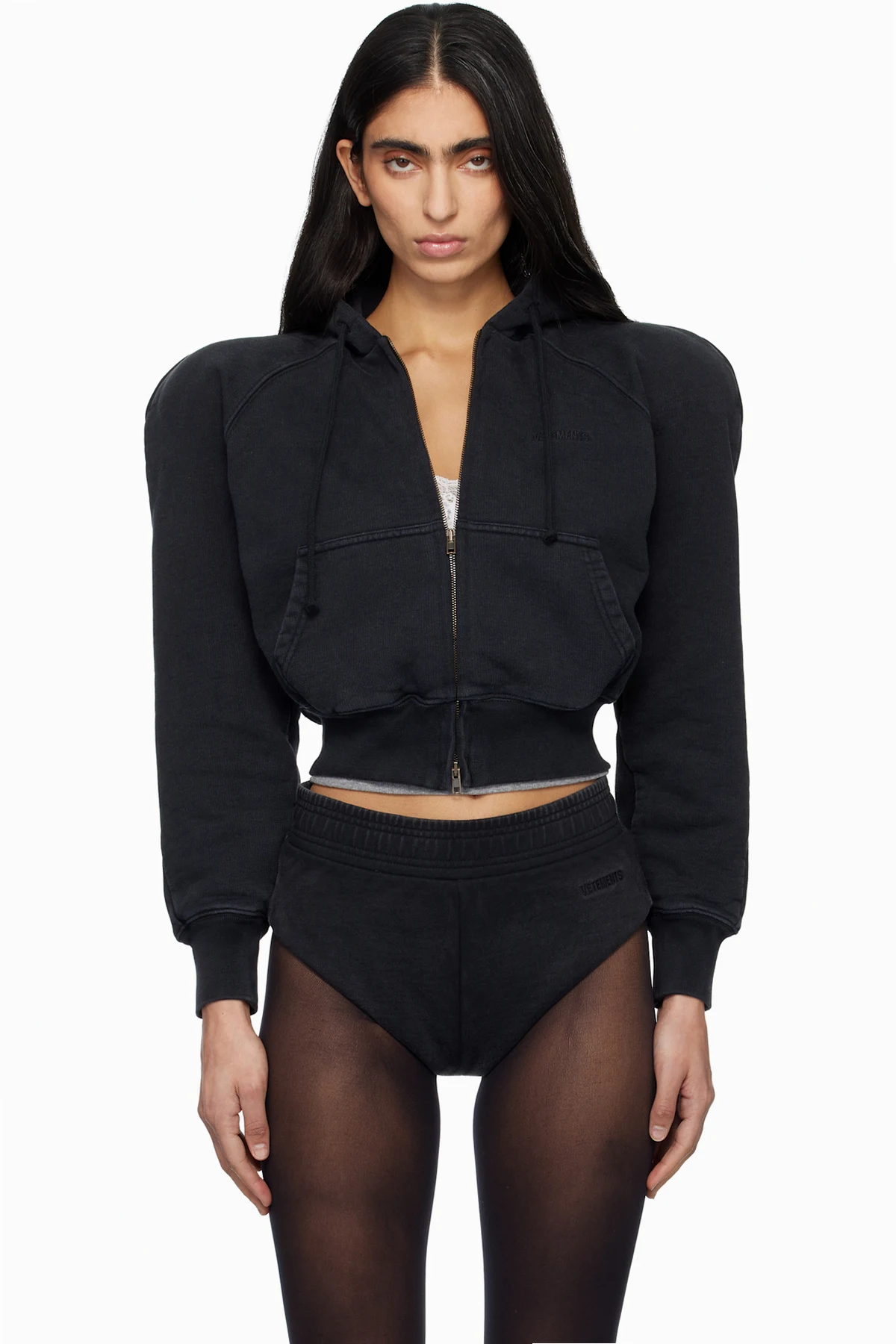 Black Round Shoulder Zip-Up Hoodie