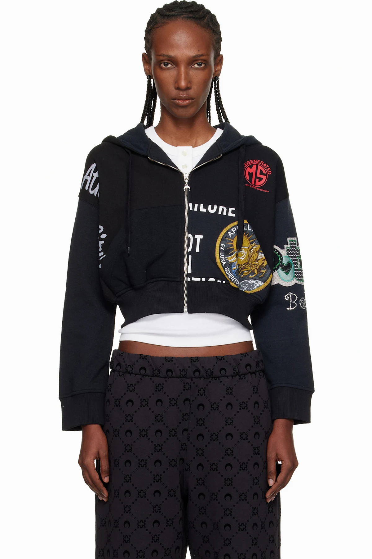 Black Regenerated Graphic Jersey Cropped Zipped Hoodie