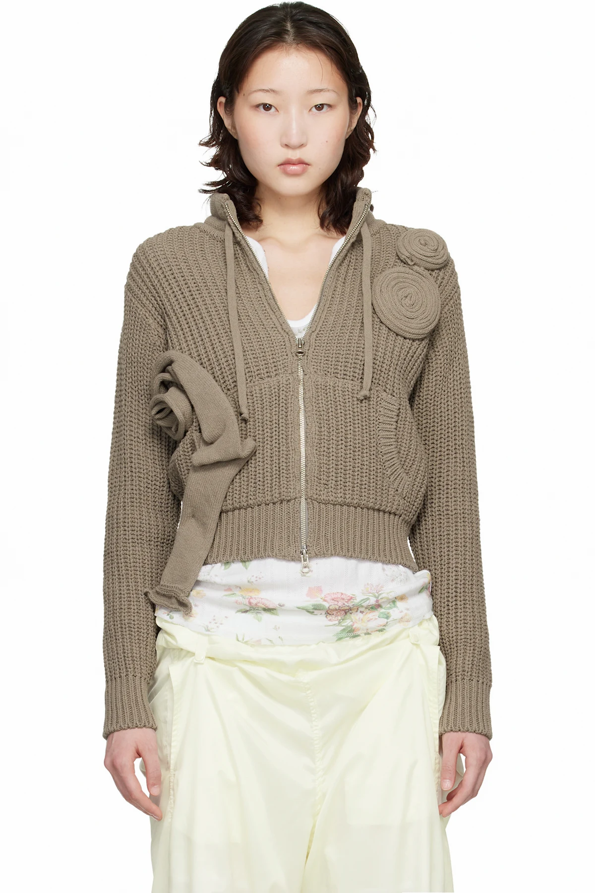 Taupe Applique Knit Zipup Sweater