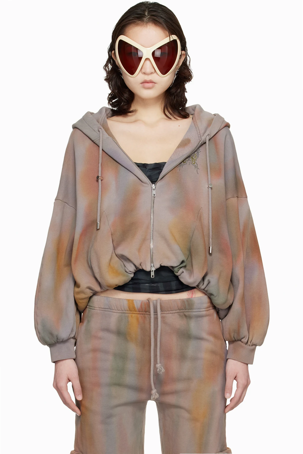 Gray Gathered Zip Up Hoodie