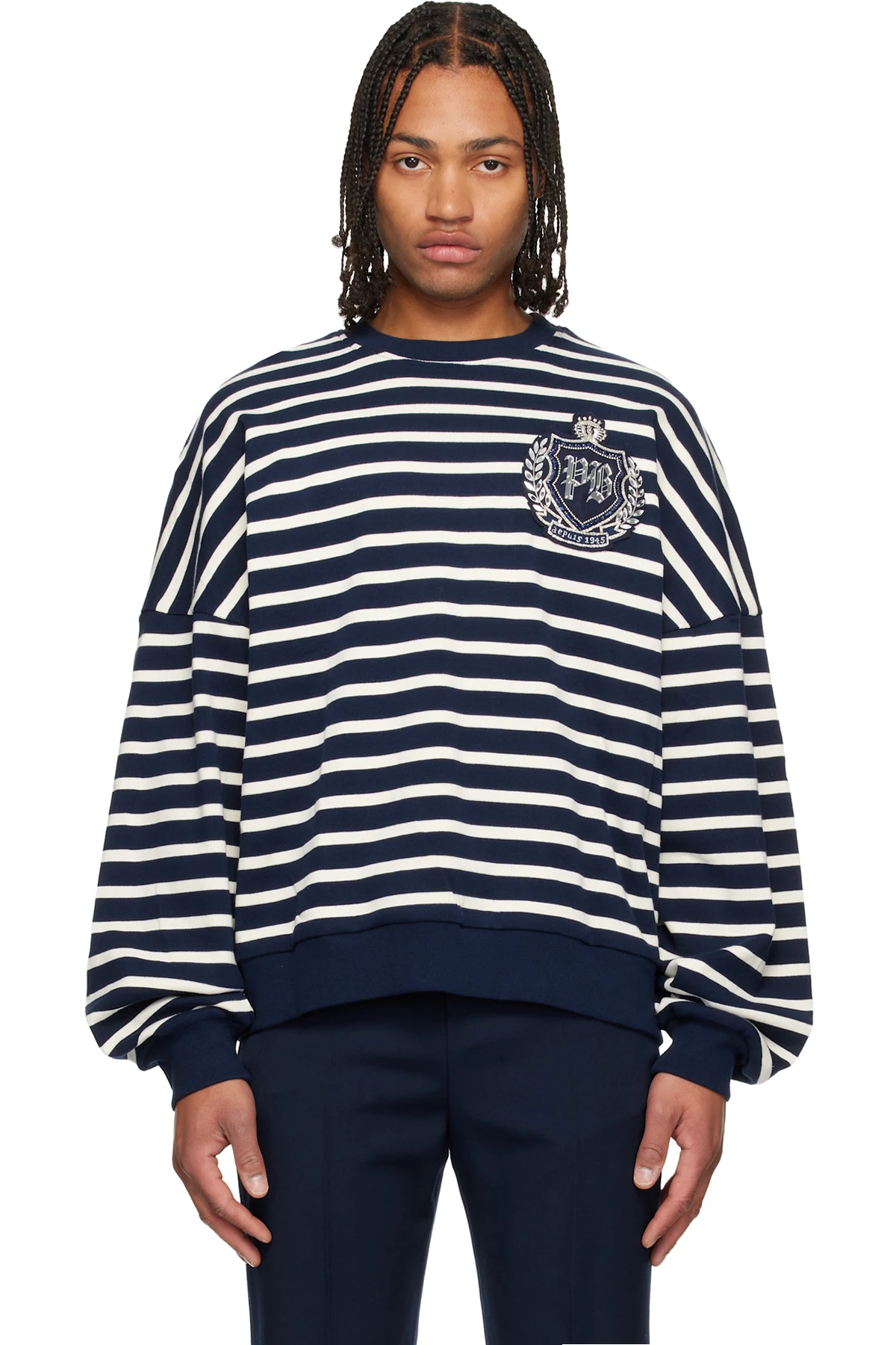 Navy & White Cotton College Emblem Breton Stripes Sweatshirt