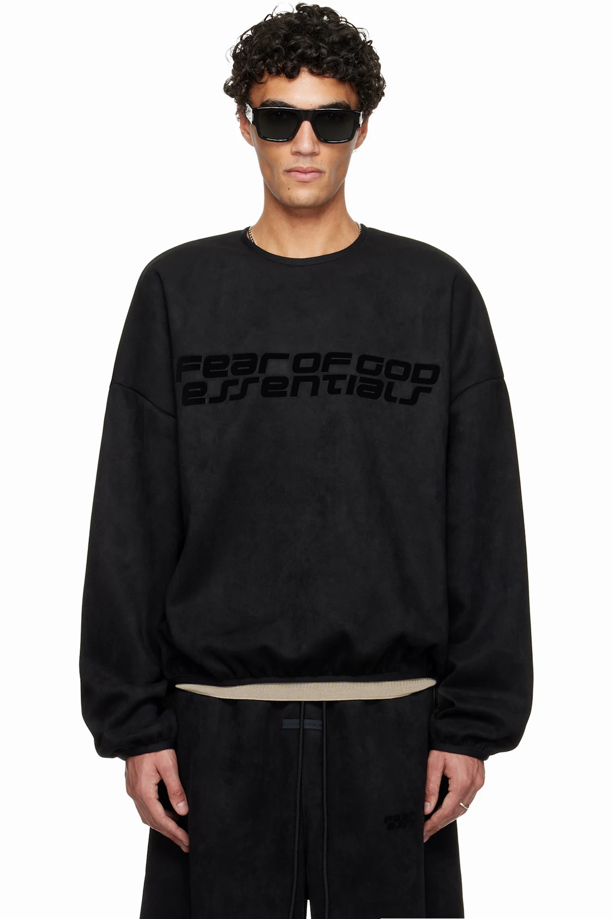 Black Holiday Modern Crewneck Faux-Suede Sweatshirt