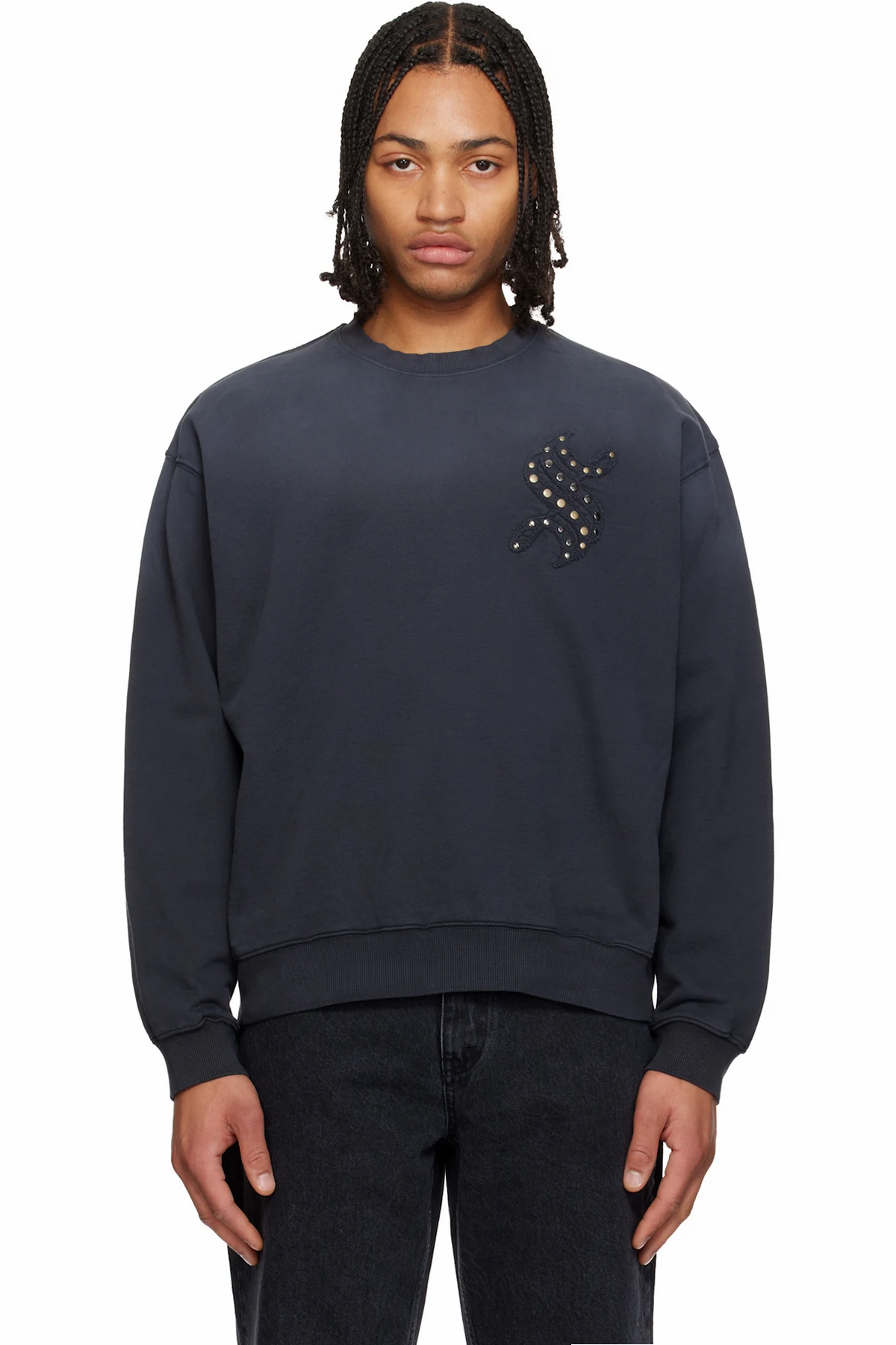 Gray Applique Studded Sweatshirt